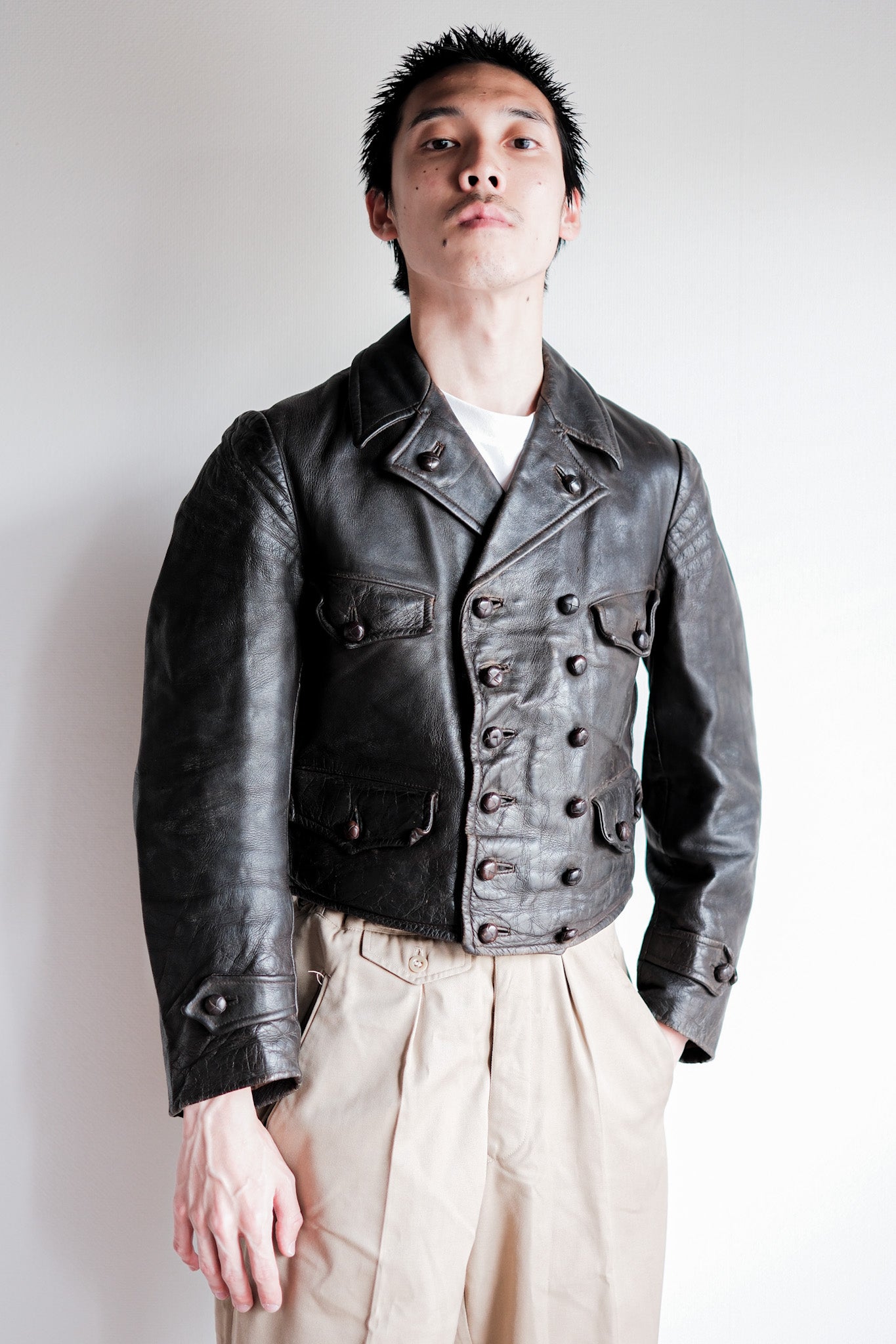 【~40's】German Vintage Double Breasted Motorcycle Leather Jacket