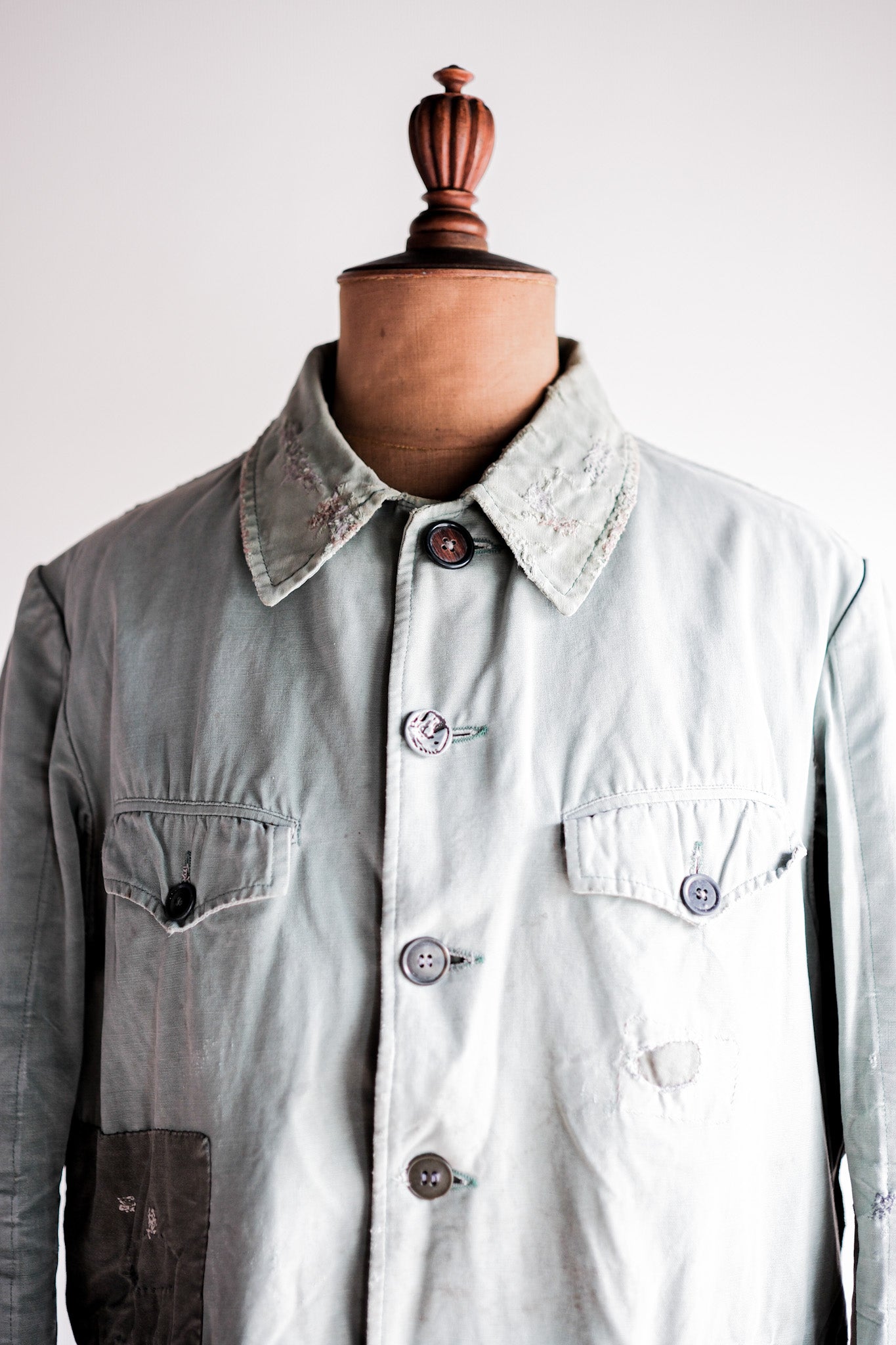 【~50's】French Vintage Green Cotton Canvas Hunting Jacket With Chin Strap "Patchwork"