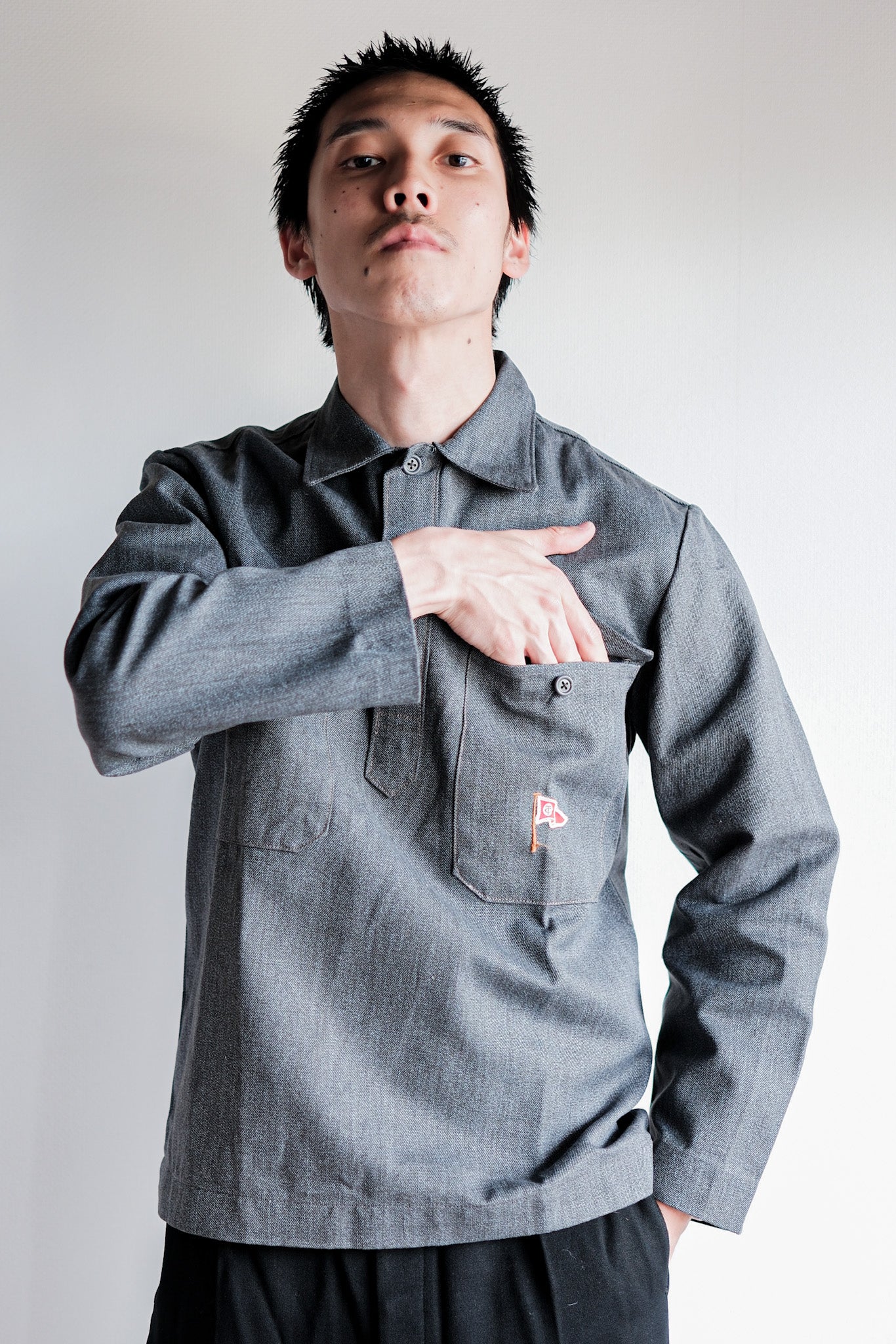 【~50's】Europe Vintage Salt & Pepper Cotton Smock "Dead Stock"