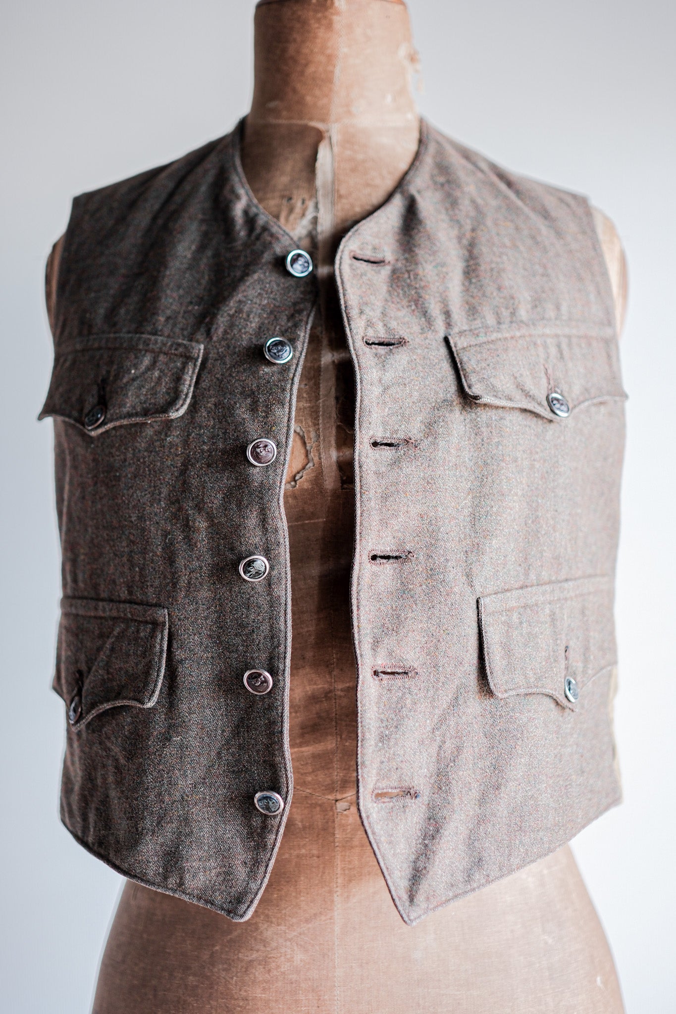 【~40's】French Vintage Brown Mix Wool Hunting Gilet