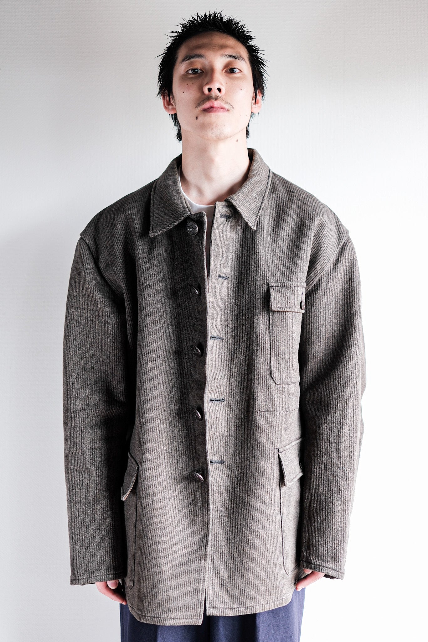 【~60's】French Vintage Brown Salt & Pepper Cotton Pique Hunting Jacket Size.56 "Le Mont St. Michel"