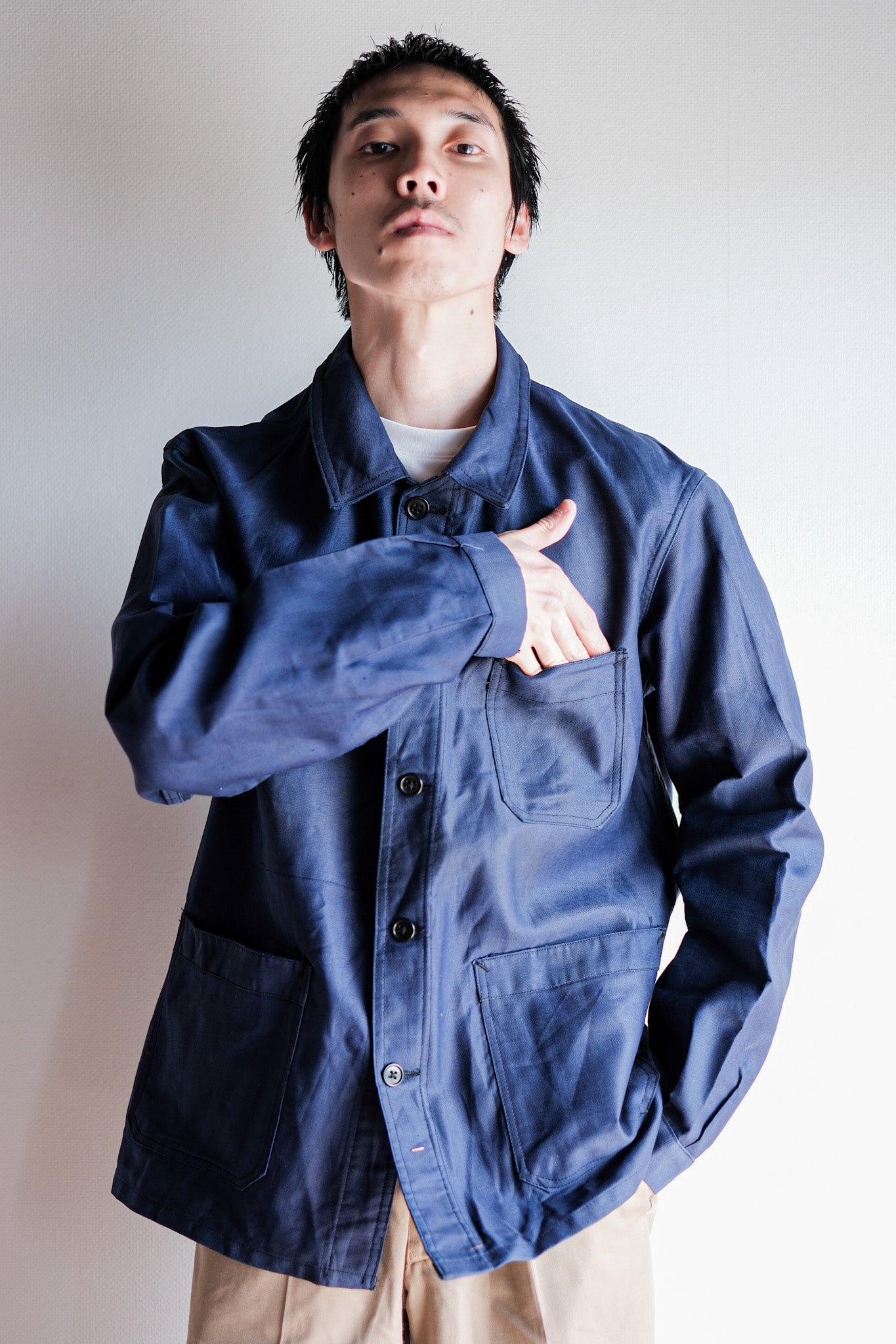 【~50's】French Vintage Blue Thin Twill Work Jacket "Vulcain" "Dead Stock"