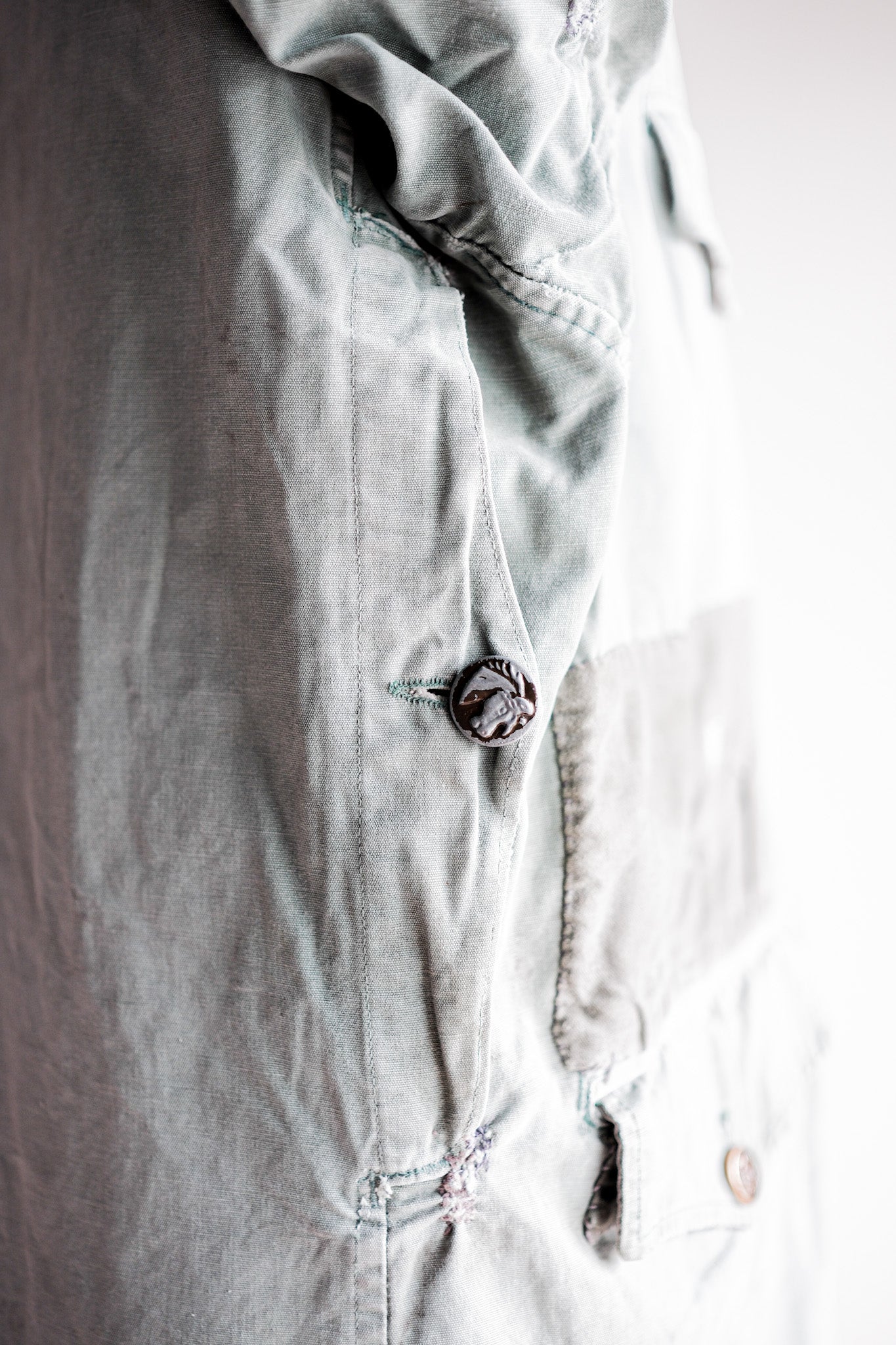 【~50's】French Vintage Green Cotton Canvas Hunting Jacket With Chin Strap "Patchwork"