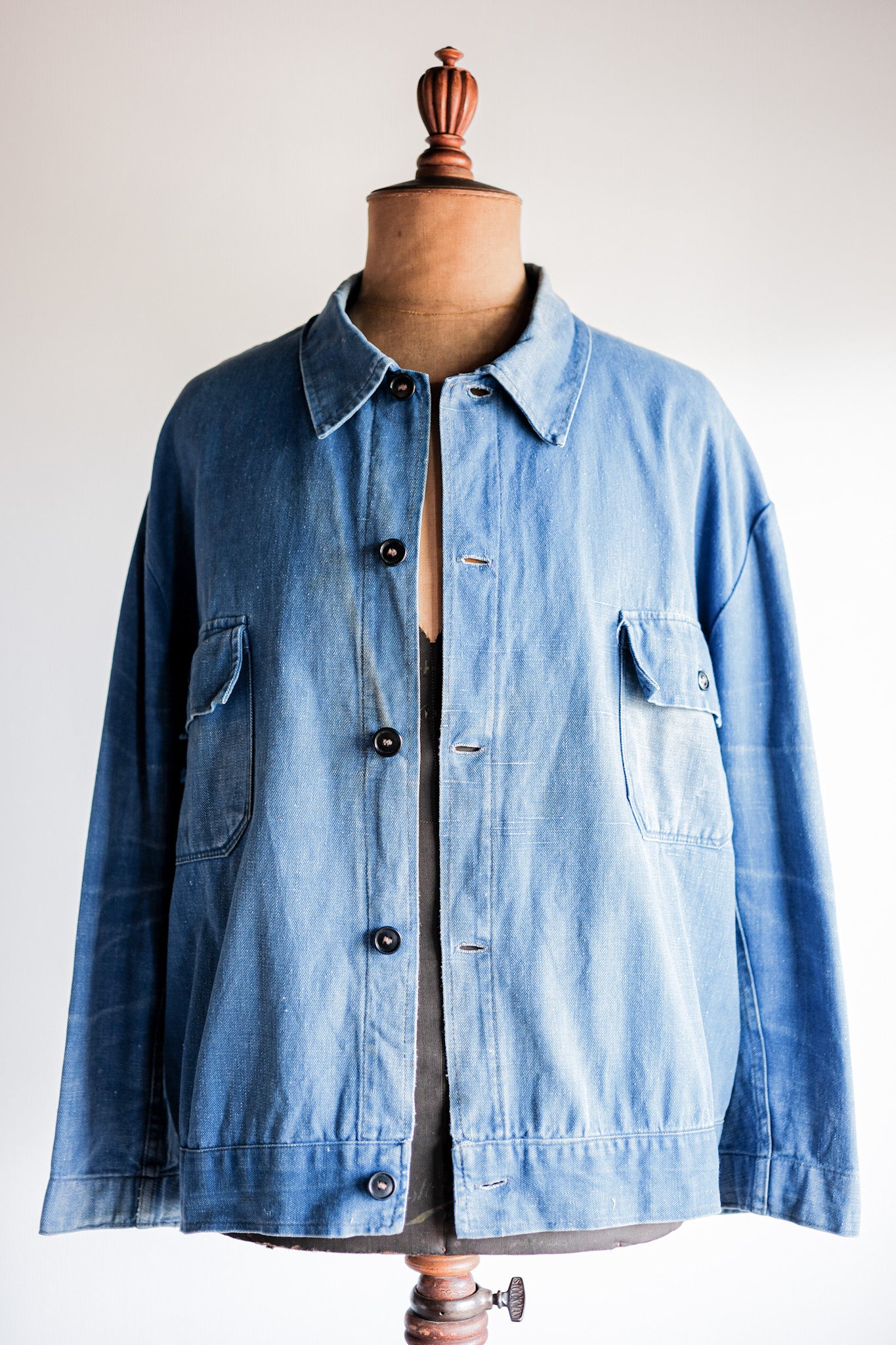 【~40's】French Vintage Indigo Cotton Linen Twill Work Jacket