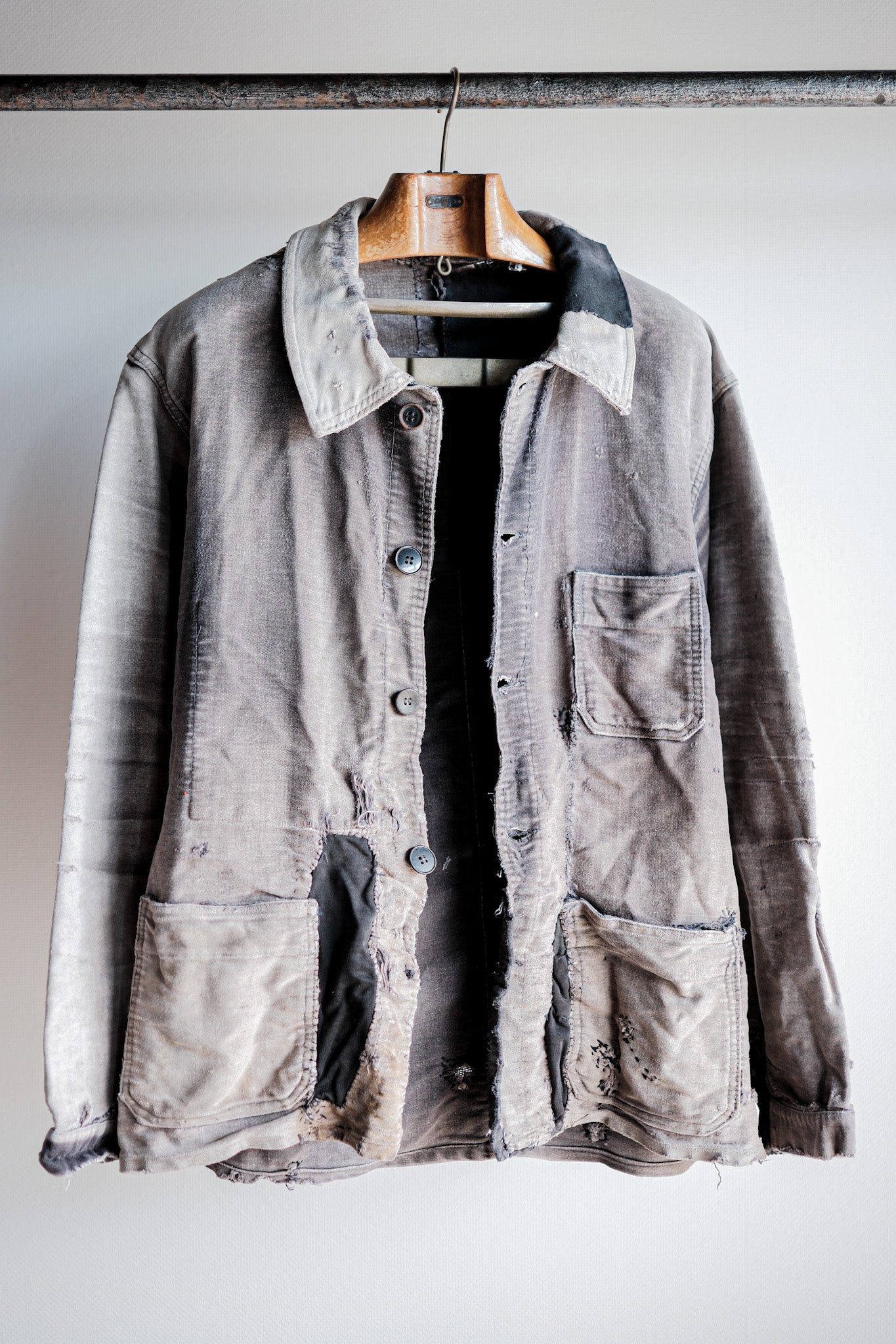 【~50's】French Vintage Black Moleskin Work Jacket "Patchwork"