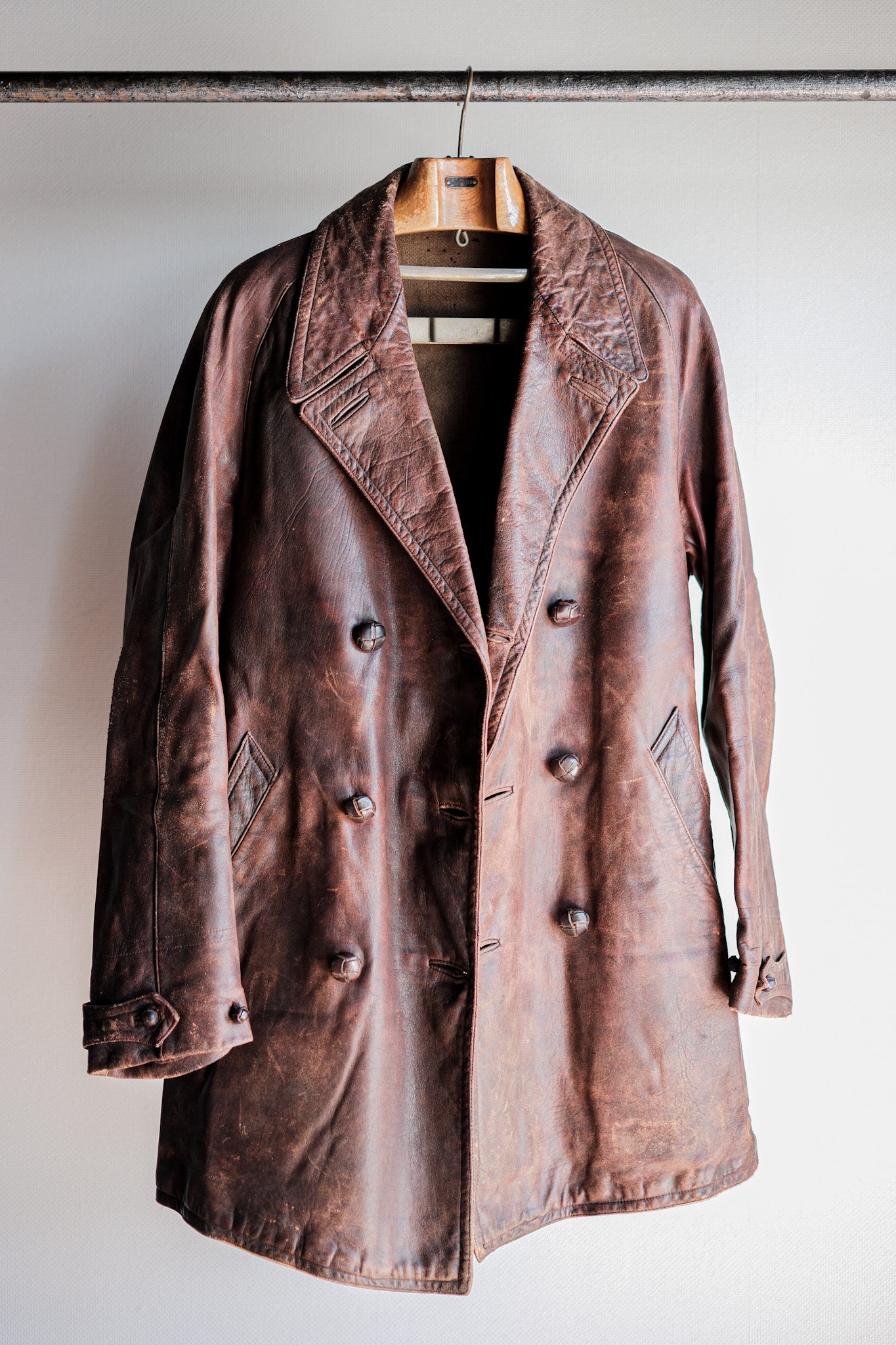 【~40's】French Vintage Double Breasted Brown Leather Coat With Chin Strap