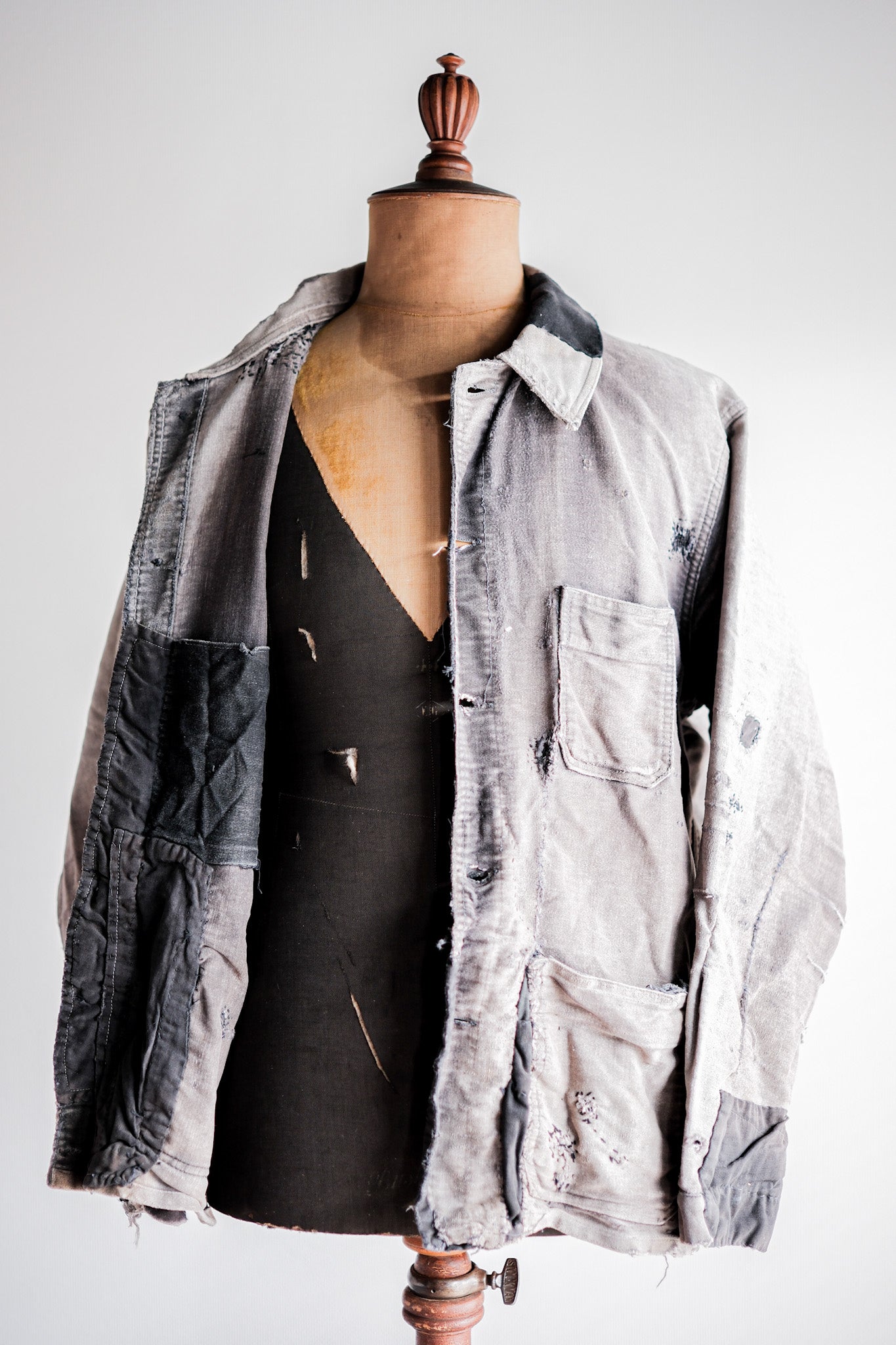 【~50's】French Vintage Black Moleskin Work Jacket "Patchwork"