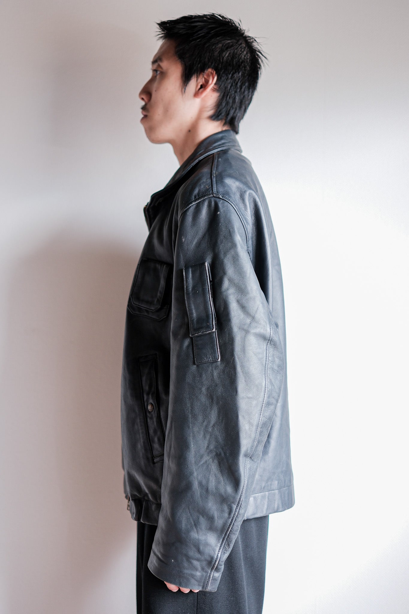 【~70's】French Air Force Pilot Leather Jacket With Chin Strap Size.100L