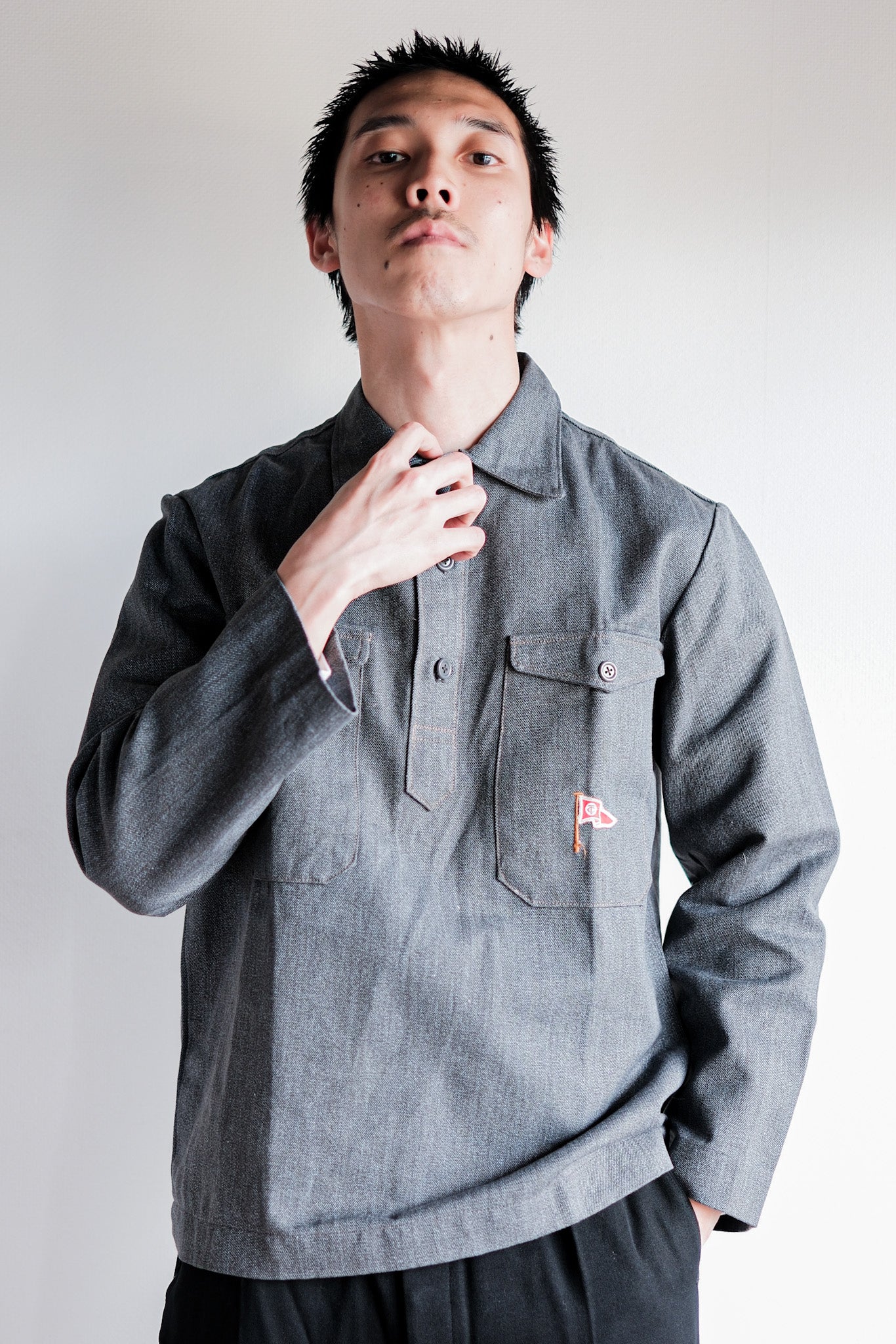 【~50's】Europe Vintage Salt & Pepper Cotton Smock "Dead Stock"