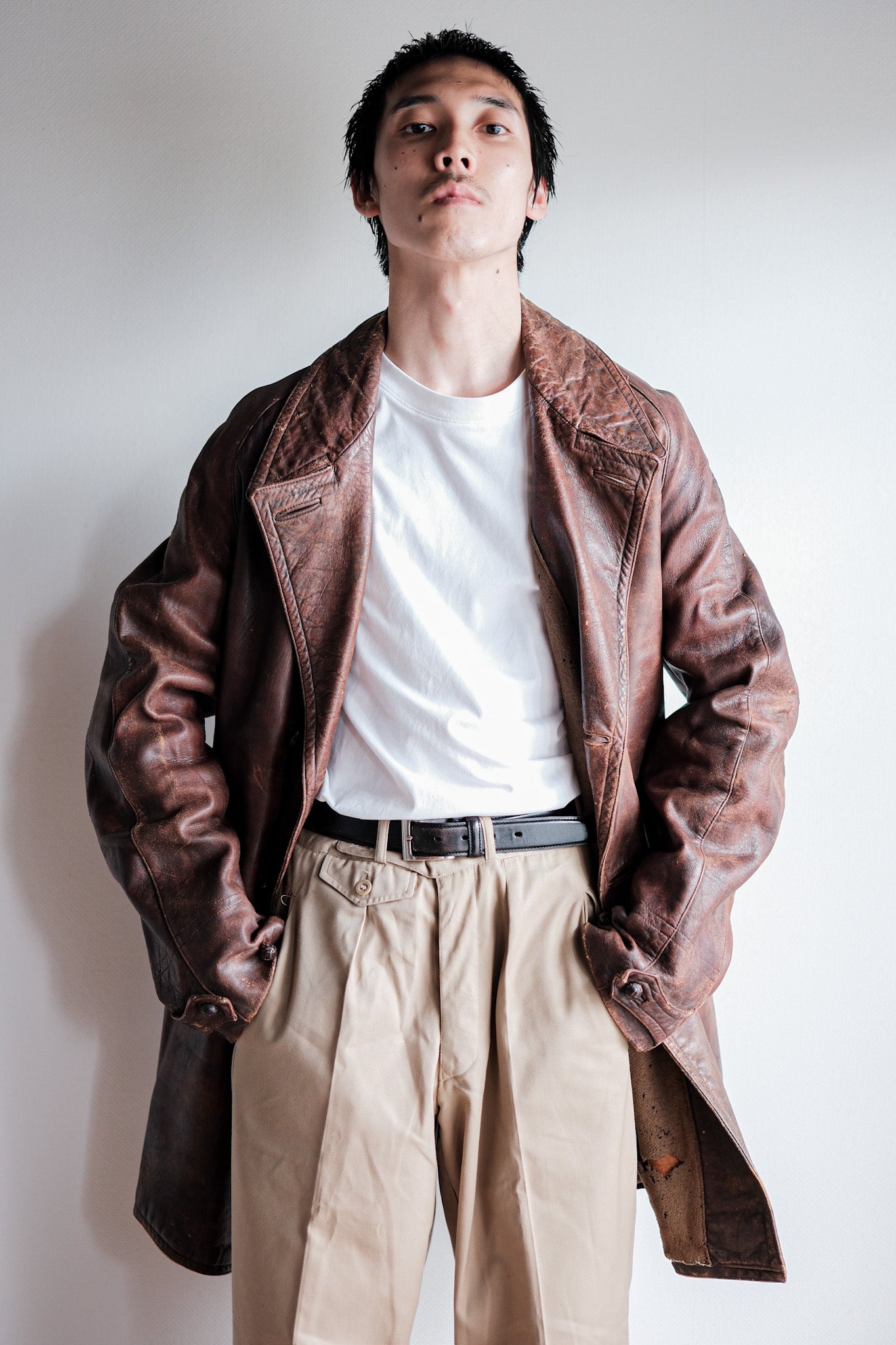 【~40's】French Vintage Double Breasted Brown Leather Coat With Chin Strap