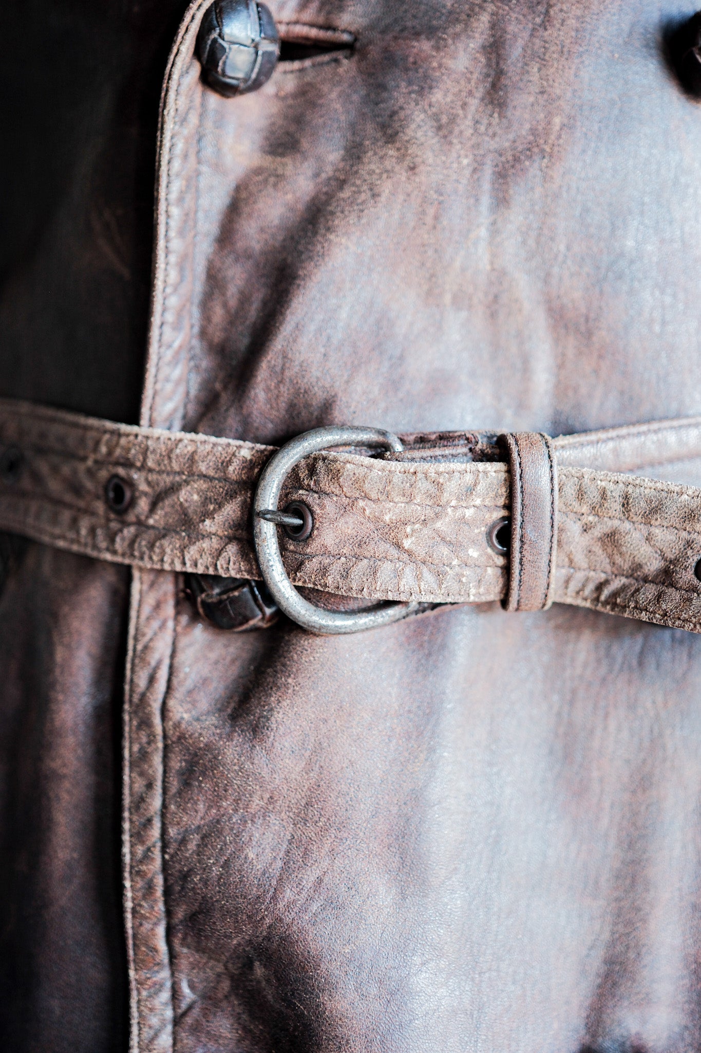 【~40's】French Vintage Double Breasted Brown Leather Coat With Chin Strap