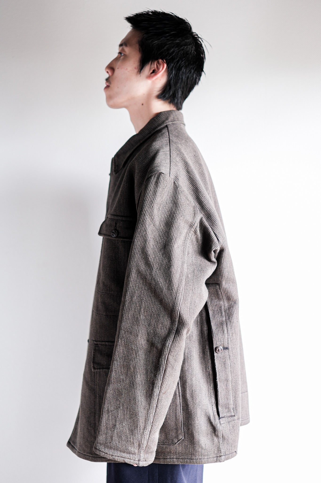 【~60's】French Vintage Brown Salt & Pepper Cotton Pique Hunting Jacket Size.56 "Le Mont St. Michel"