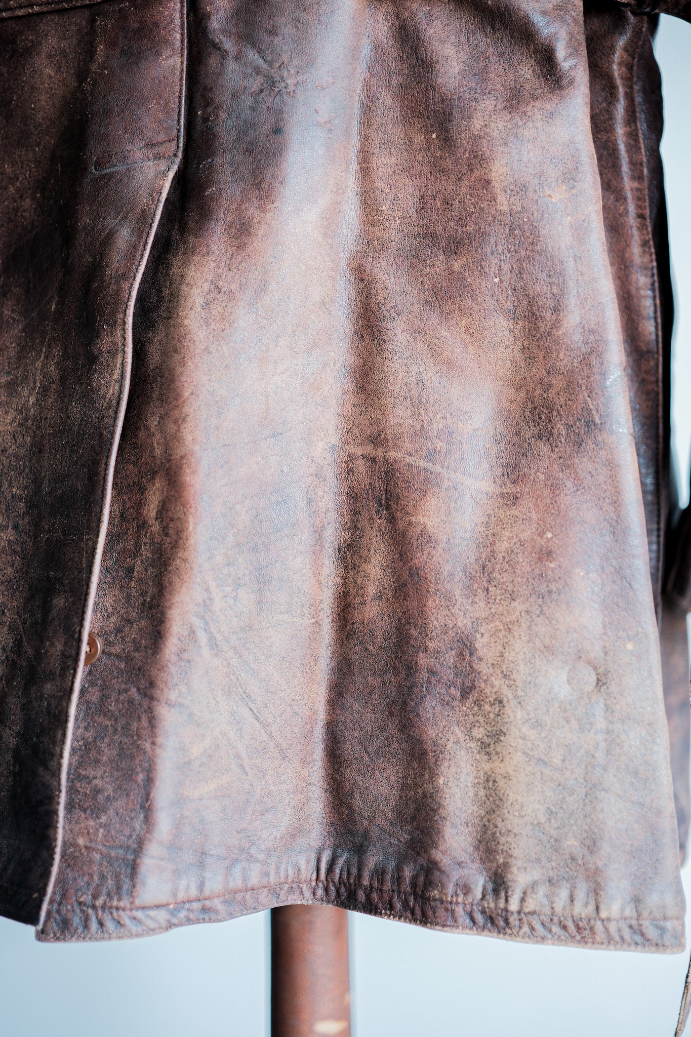 【~40's】French Vintage Double Breasted Brown Leather Coat With Chin Strap