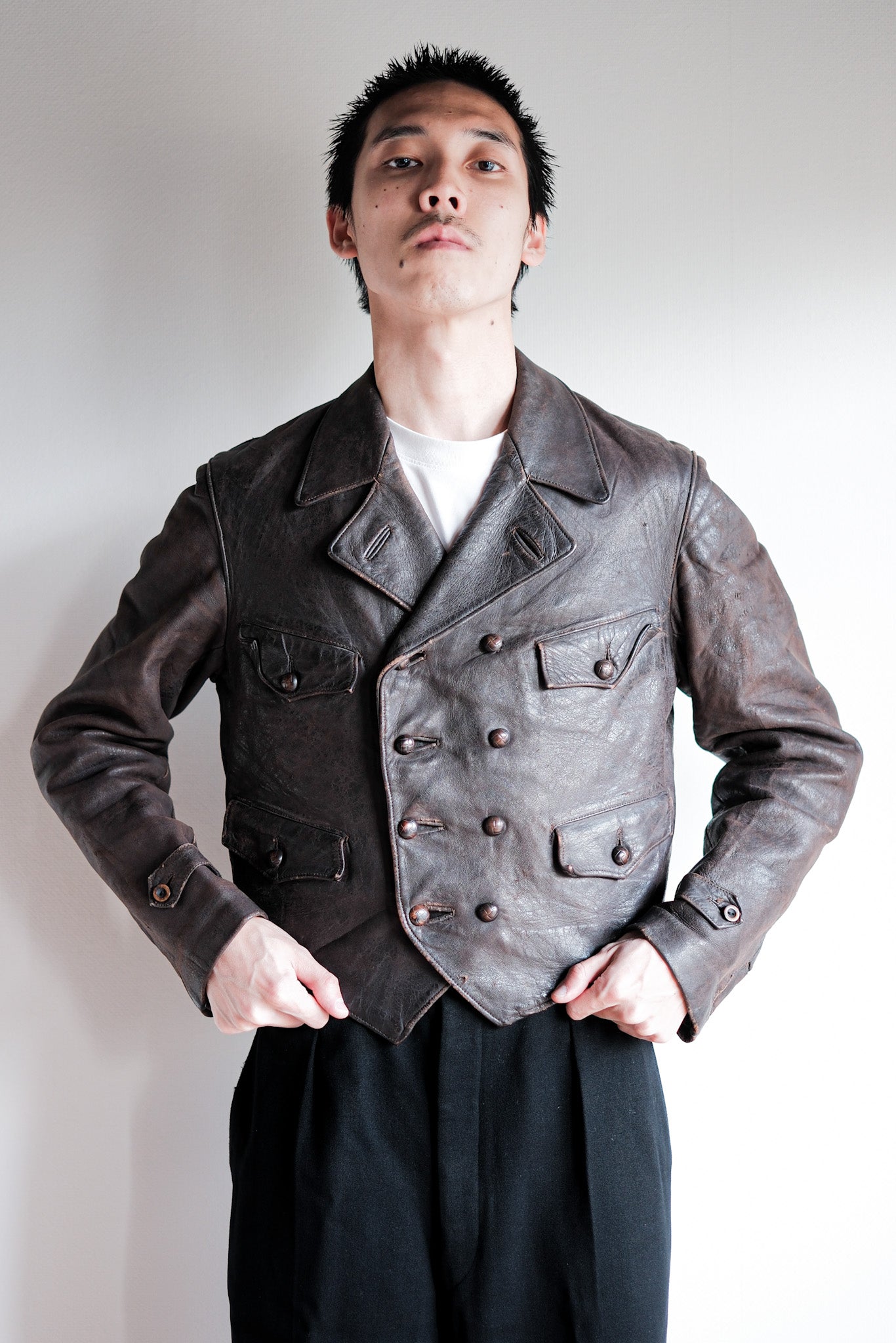 【~40's】German Vintage Double Breasted Motorcycle Leather Jacket