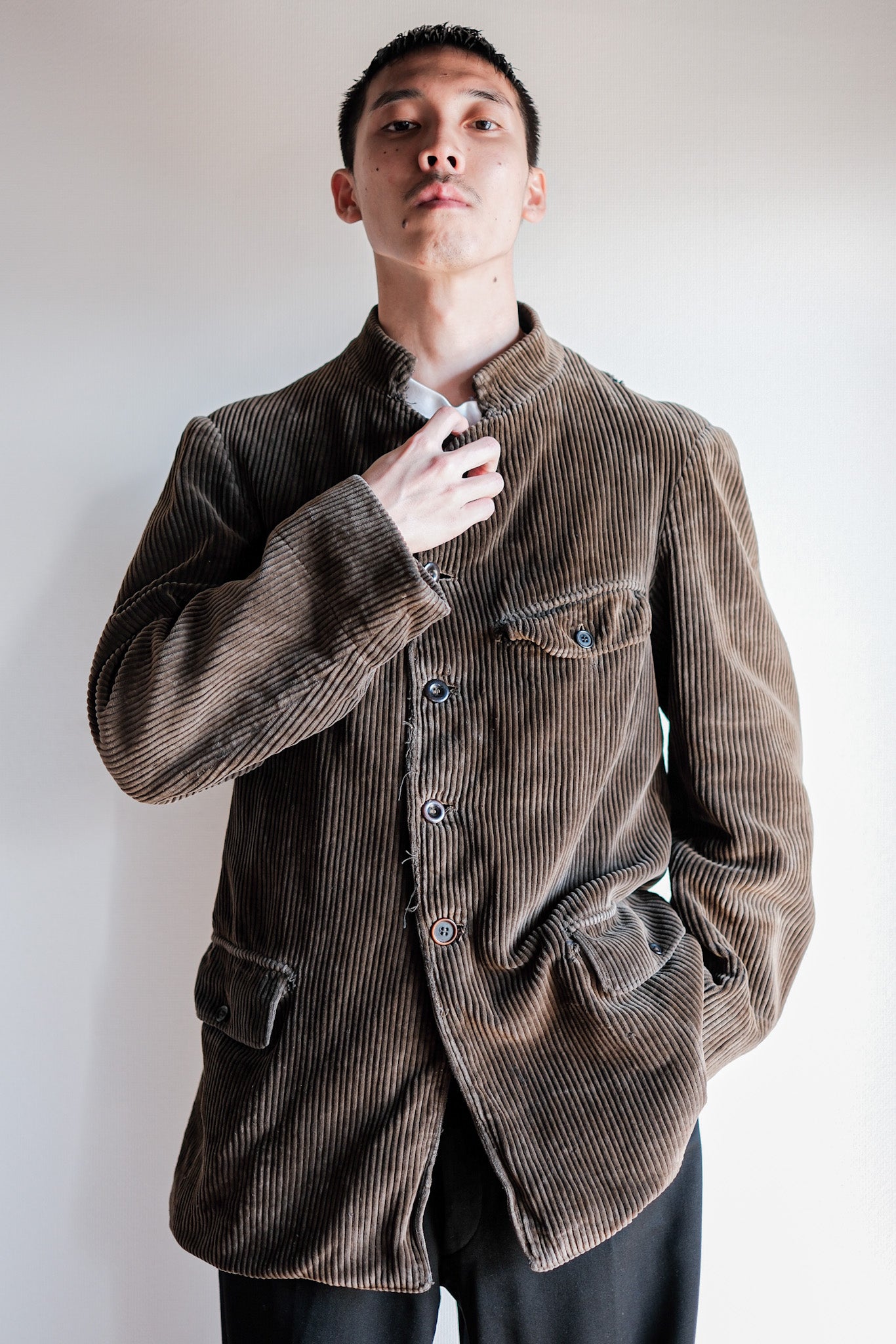 【~30’s】French Vintage Brown Corduroy Stand Collar Work Jacket "Unusual Pattern"