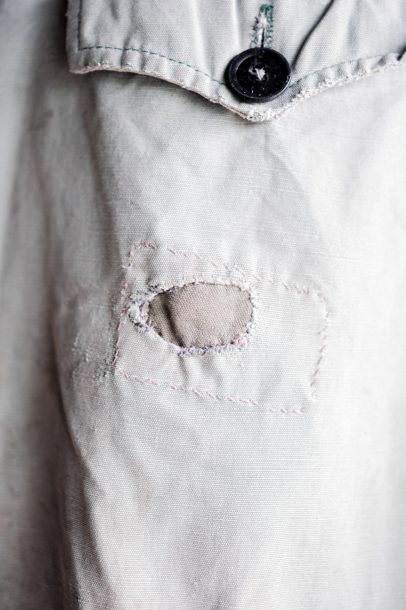 【~50's】French Vintage Green Cotton Canvas Hunting Jacket With Chin Strap "Patchwork"