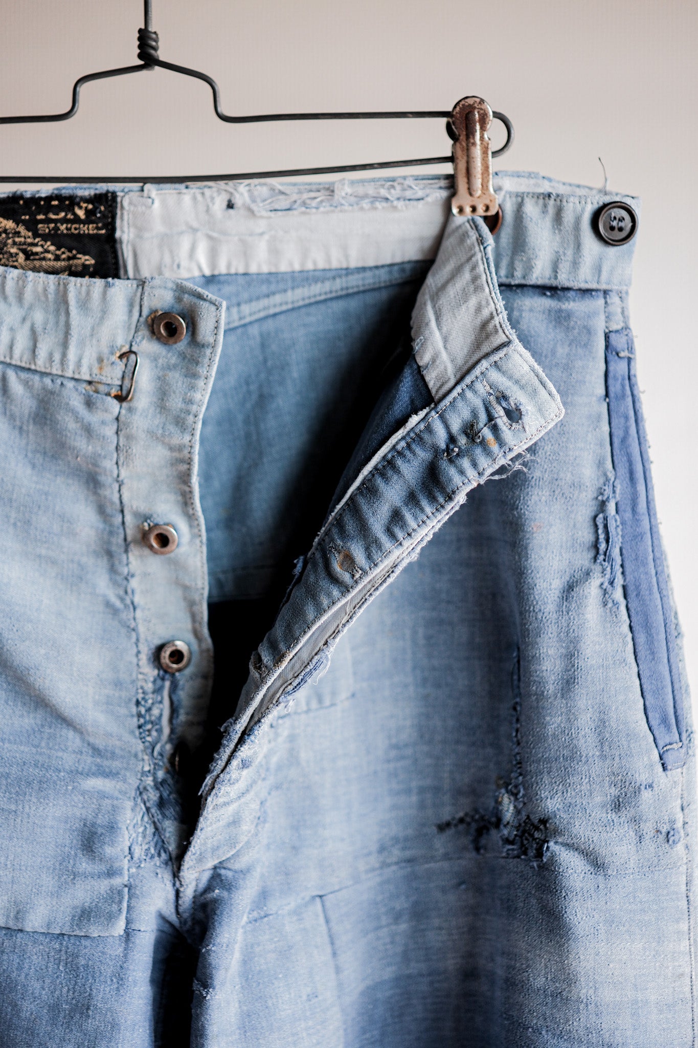 【~40's】French Vintage Blue Moleskin Work Pants "Patchwork" "Le Mont St. Michel"