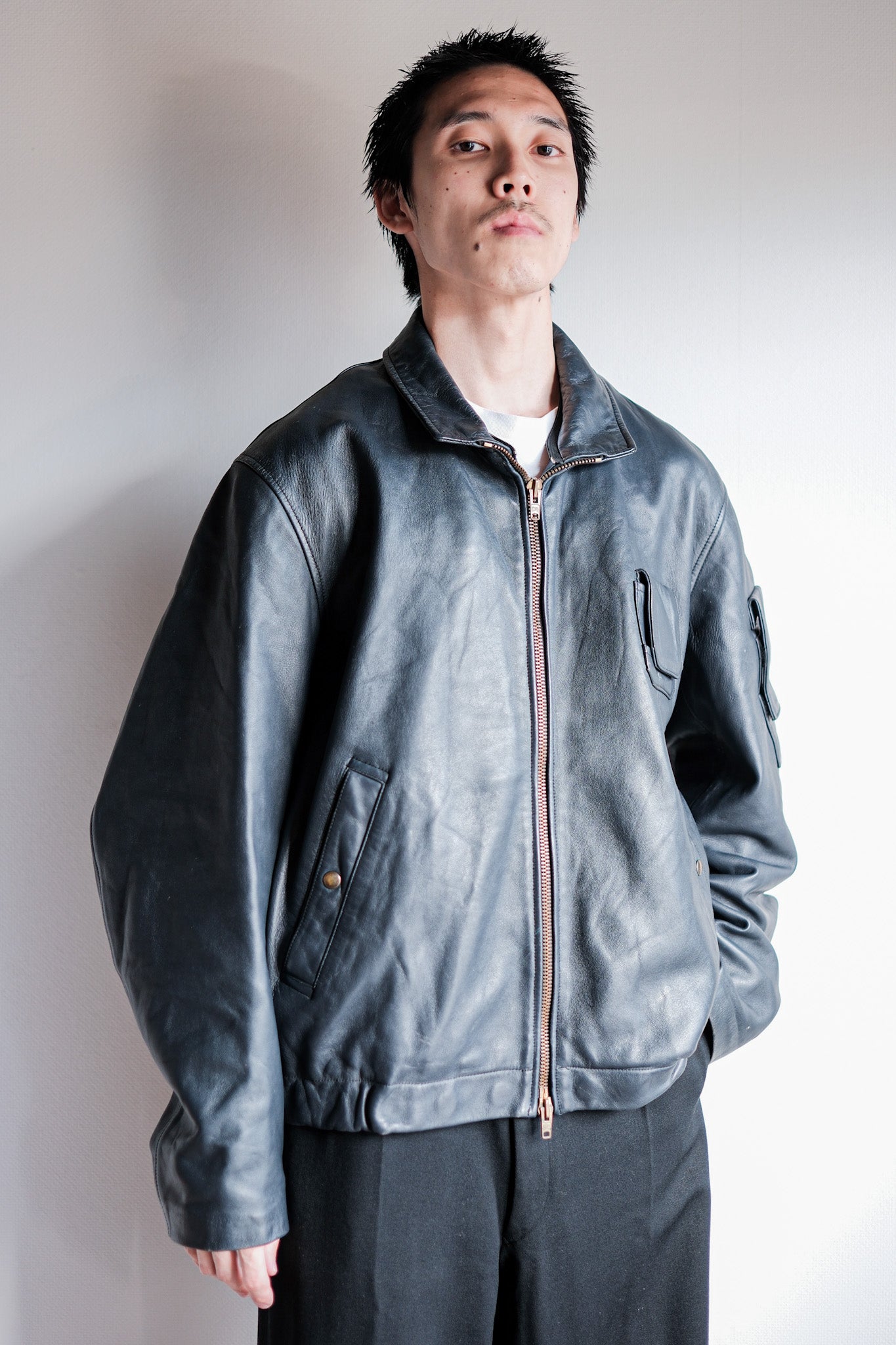 【~70's】French Air Force Pilot Leather Jacket With Chin Strap Size.100L