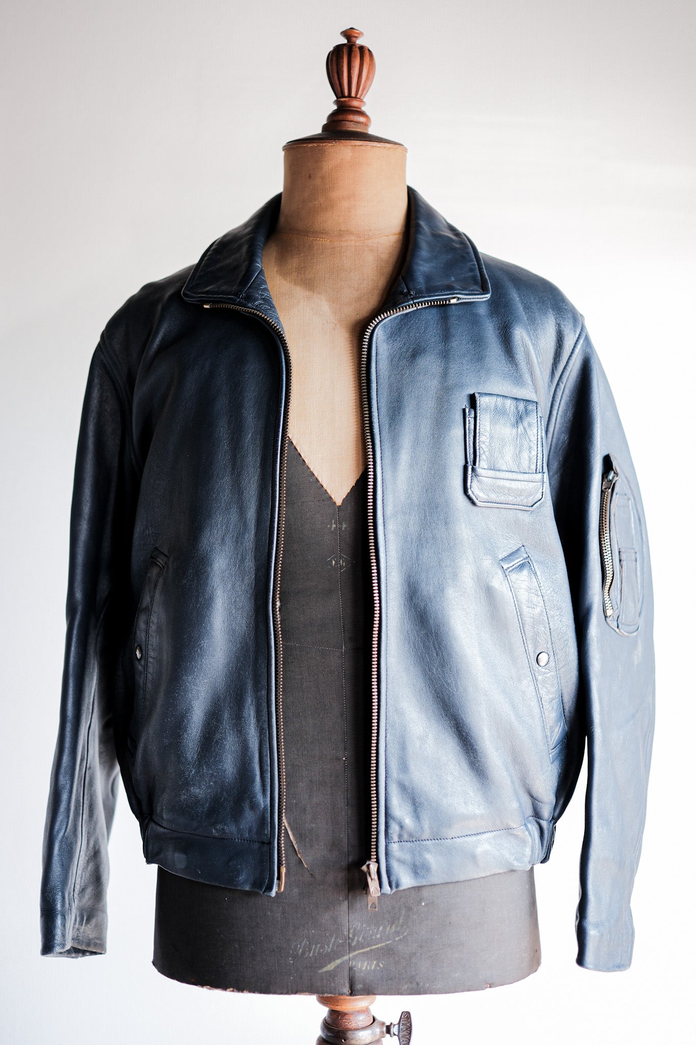 【~70's】French Air Force Pilot Leather Jacket Size.96M