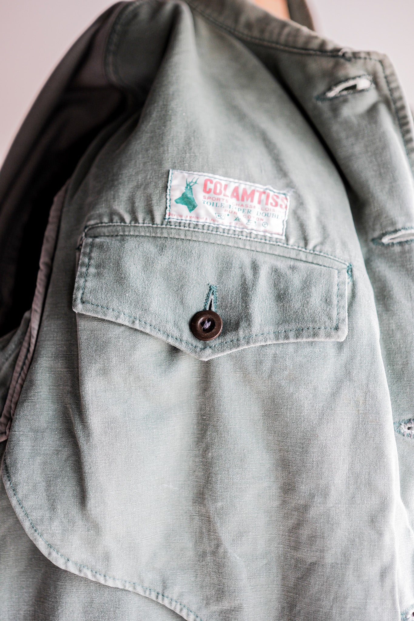 【~50's】French Vintage Green Cotton Canvas Hunting Jacket With Chin Strap "Patchwork"