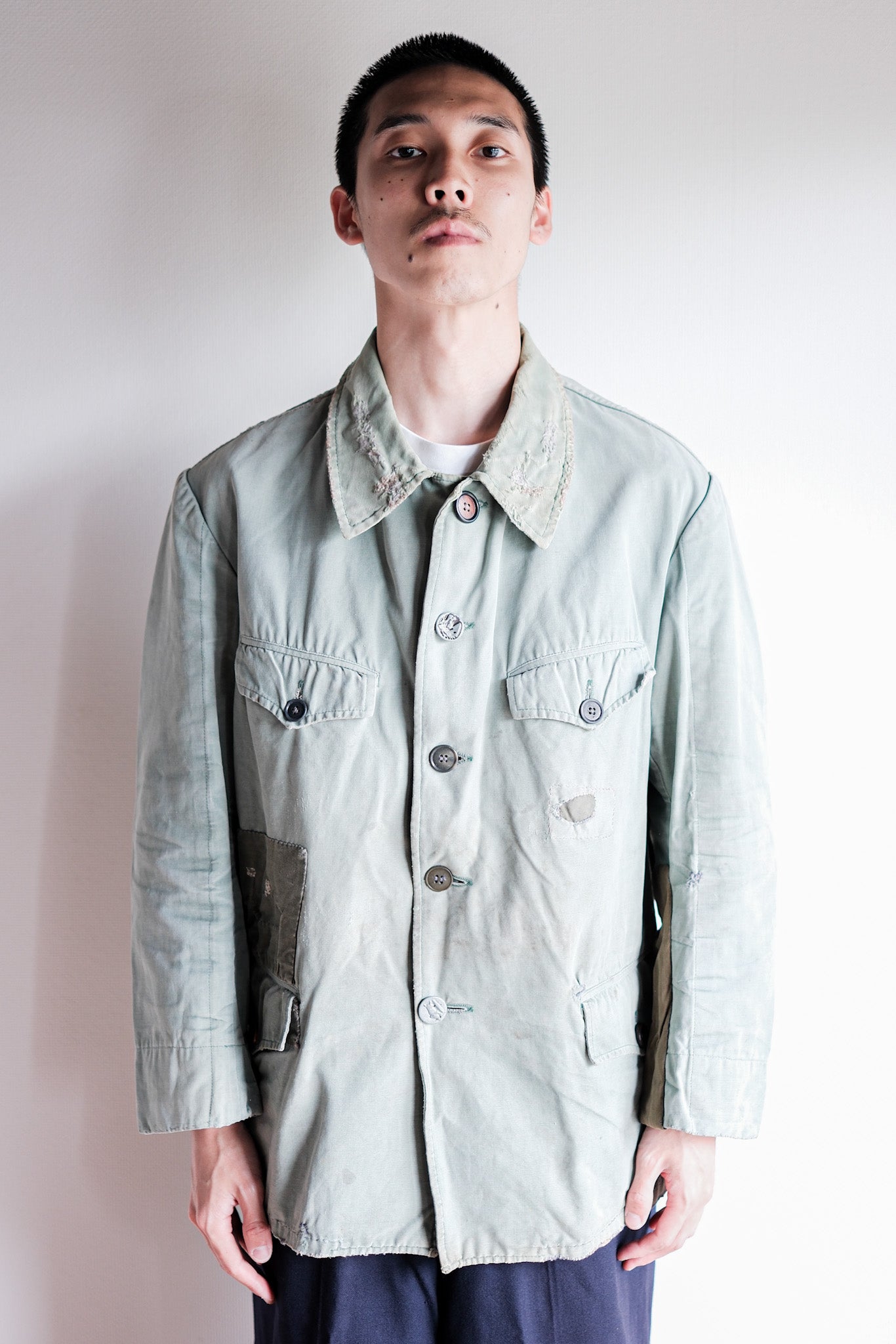 【~50's】French Vintage Green Cotton Canvas Hunting Jacket With Chin Strap "Patchwork"