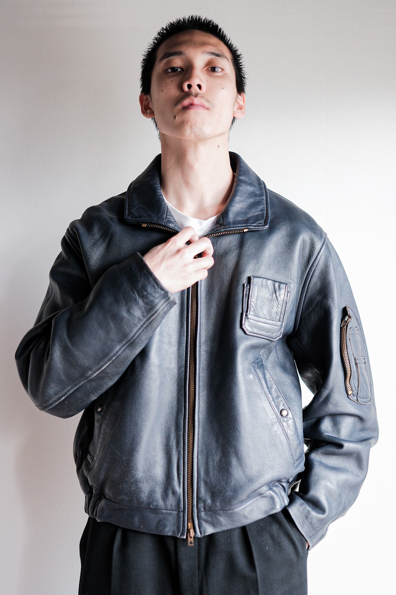 【~70's】French Air Force Pilot Leather Jacket Size.96M