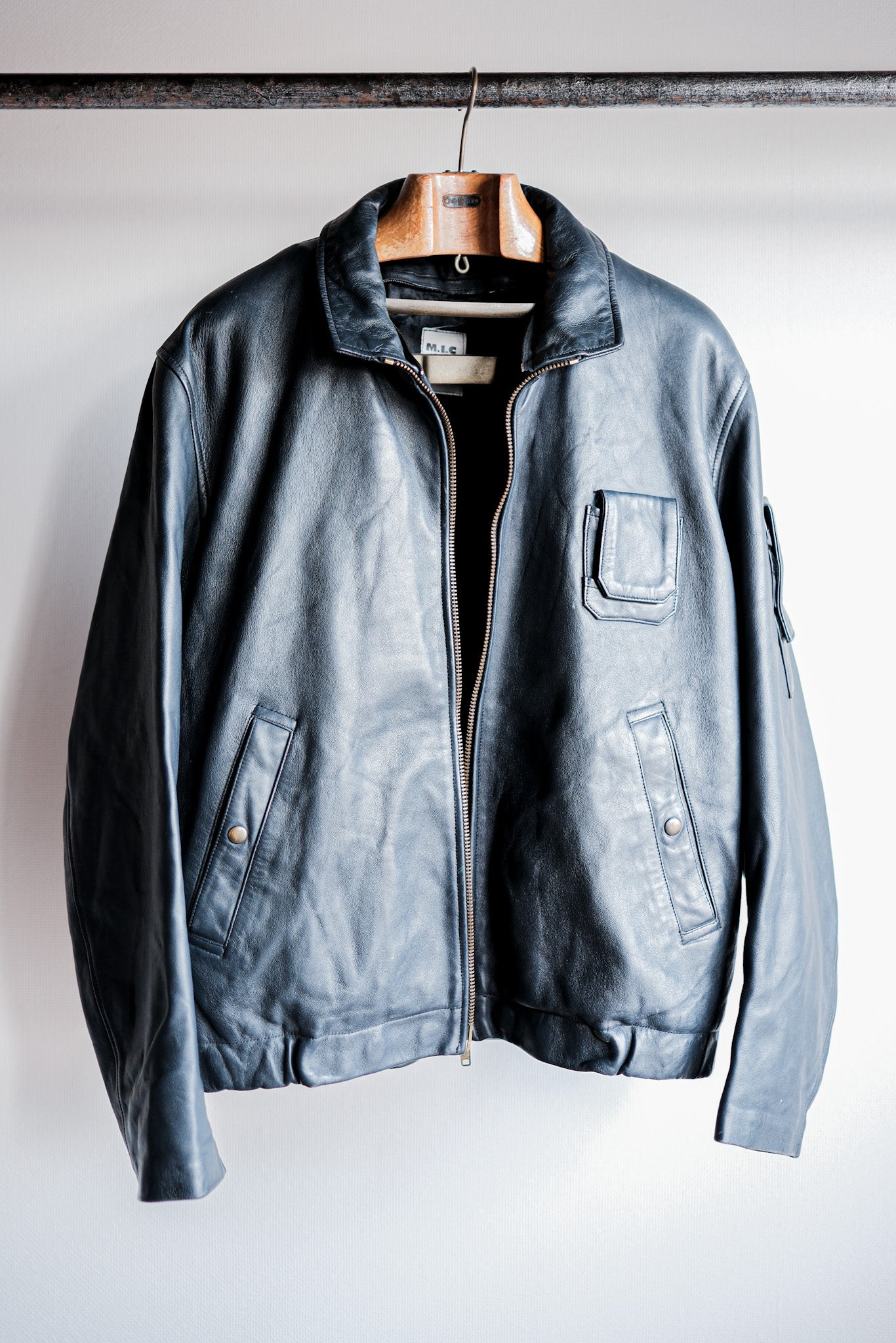 【~70's】French Air Force Pilot Leather Jacket With Chin Strap Size.100L