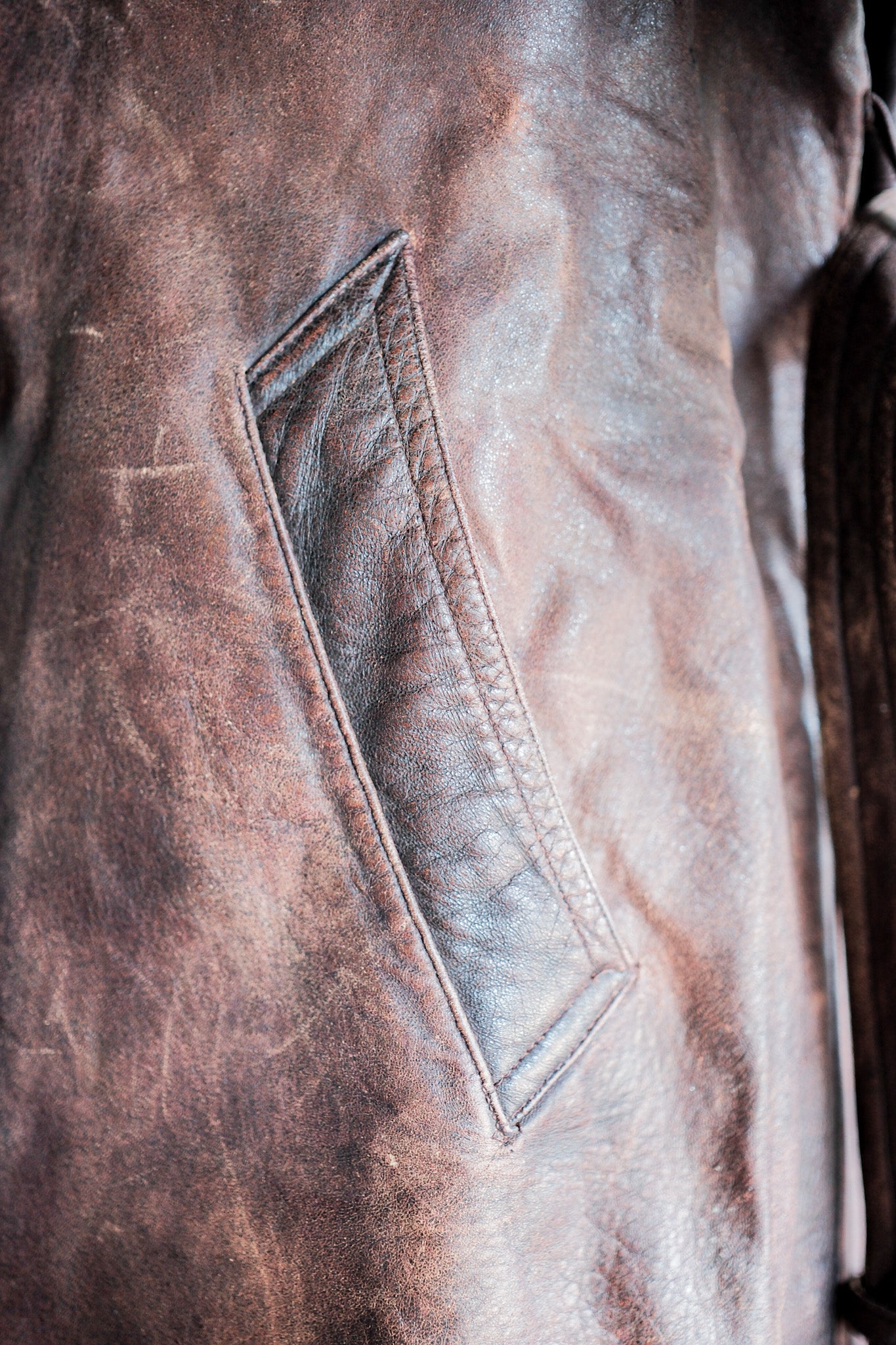 【~40's】French Vintage Double Breasted Brown Leather Coat With Chin Strap