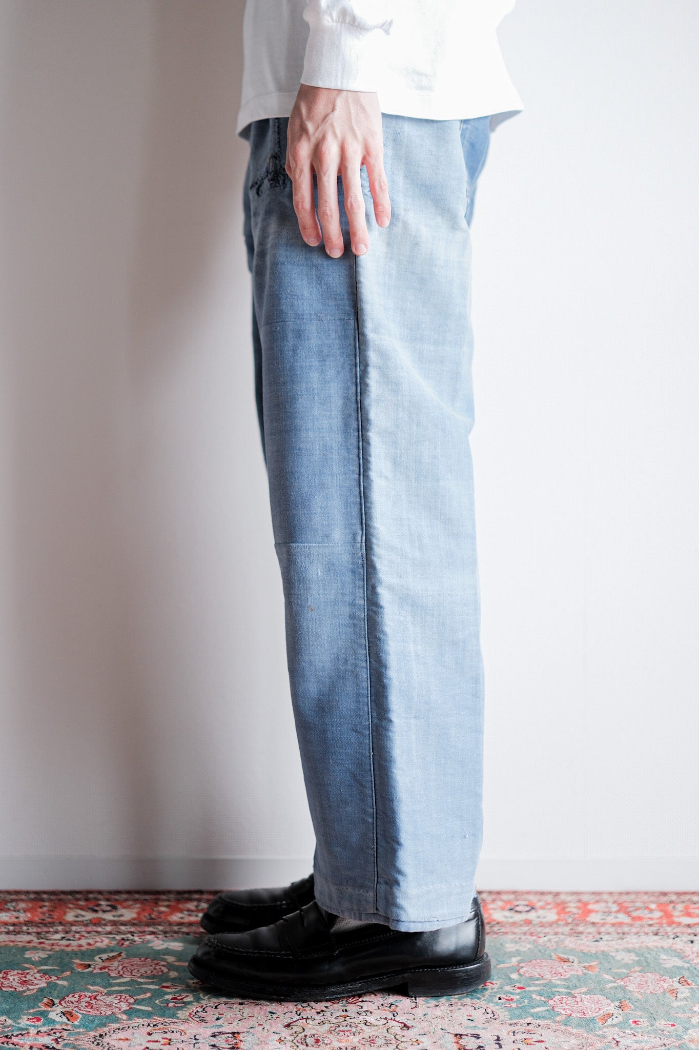 【~40's】French Vintage Blue Moleskin Work Pants "Patchwork" "Le Mont St. Michel"