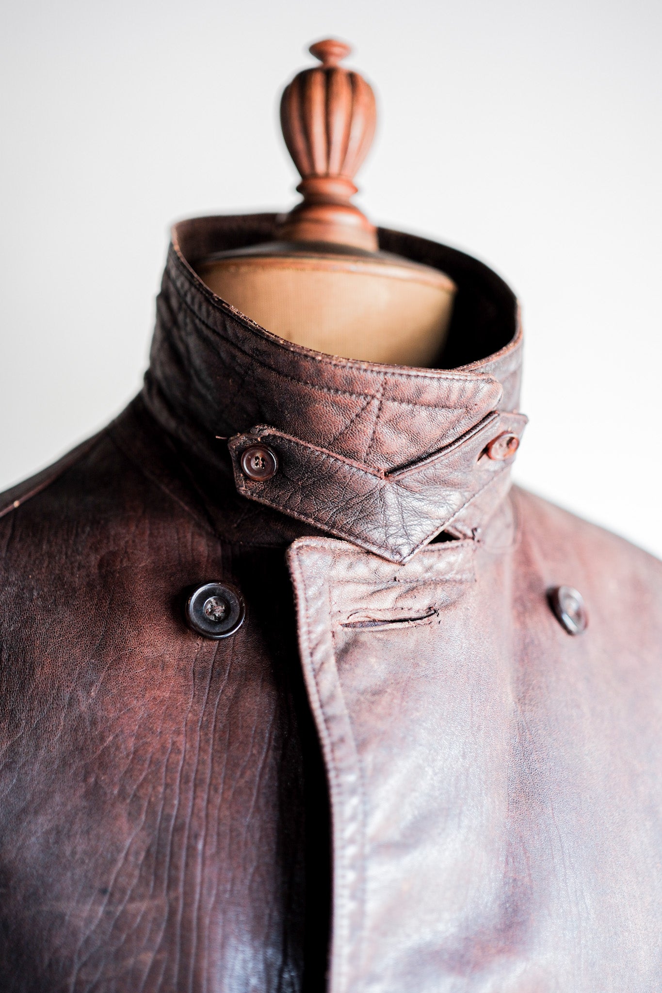 【~40's】French Vintage Double Breasted Brown Leather Coat With Chin Strap