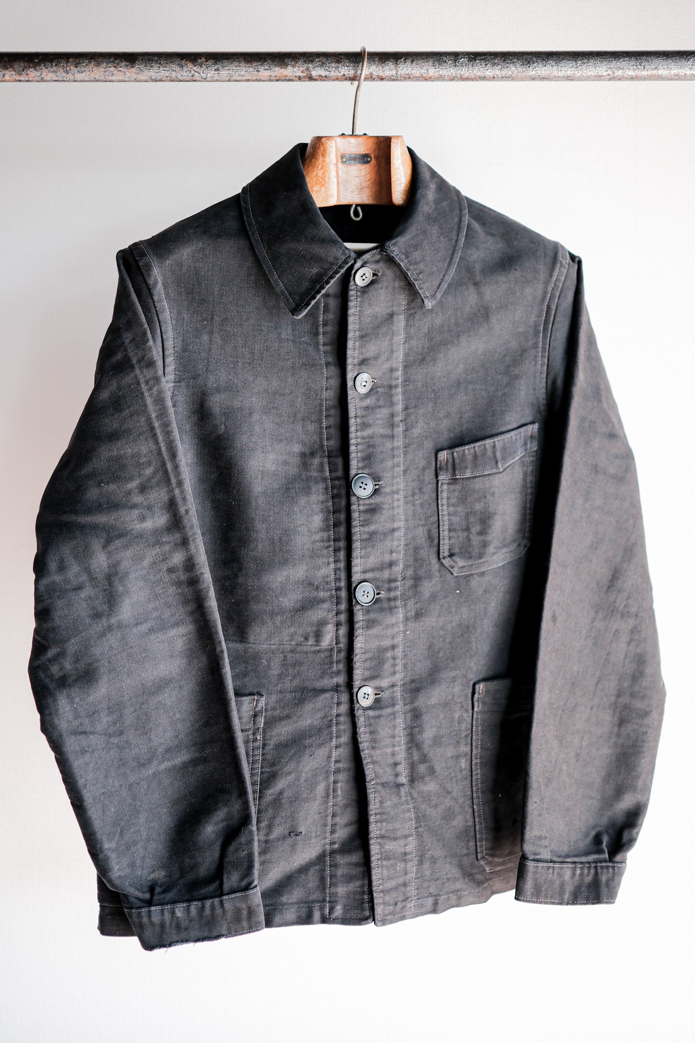 【~40's】French Vintage Black Moleskin Work Jacket "Unusual Pocket"