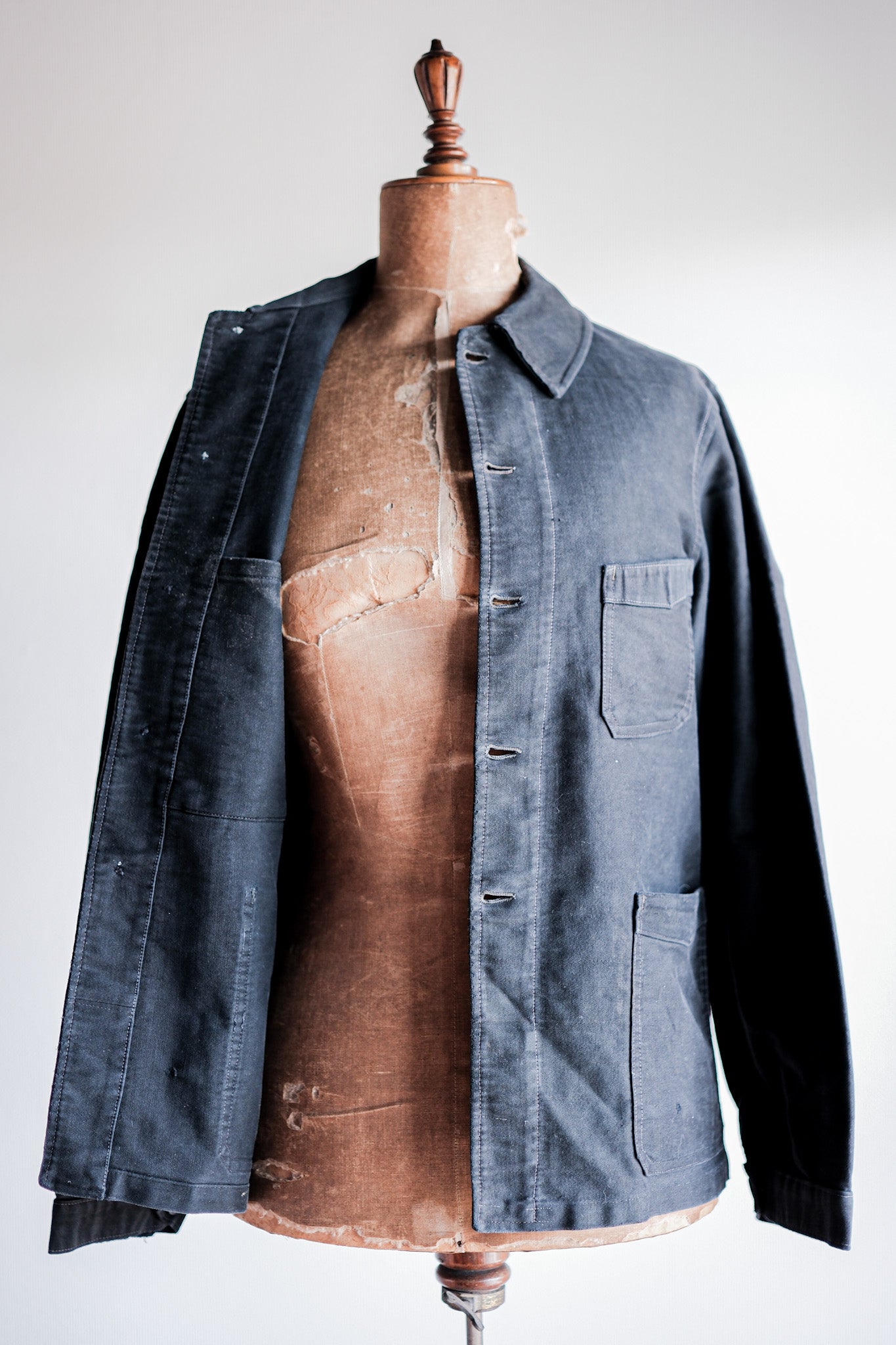 【~40's】French Vintage Black Moleskin Work Jacket "Unusual Pocket"