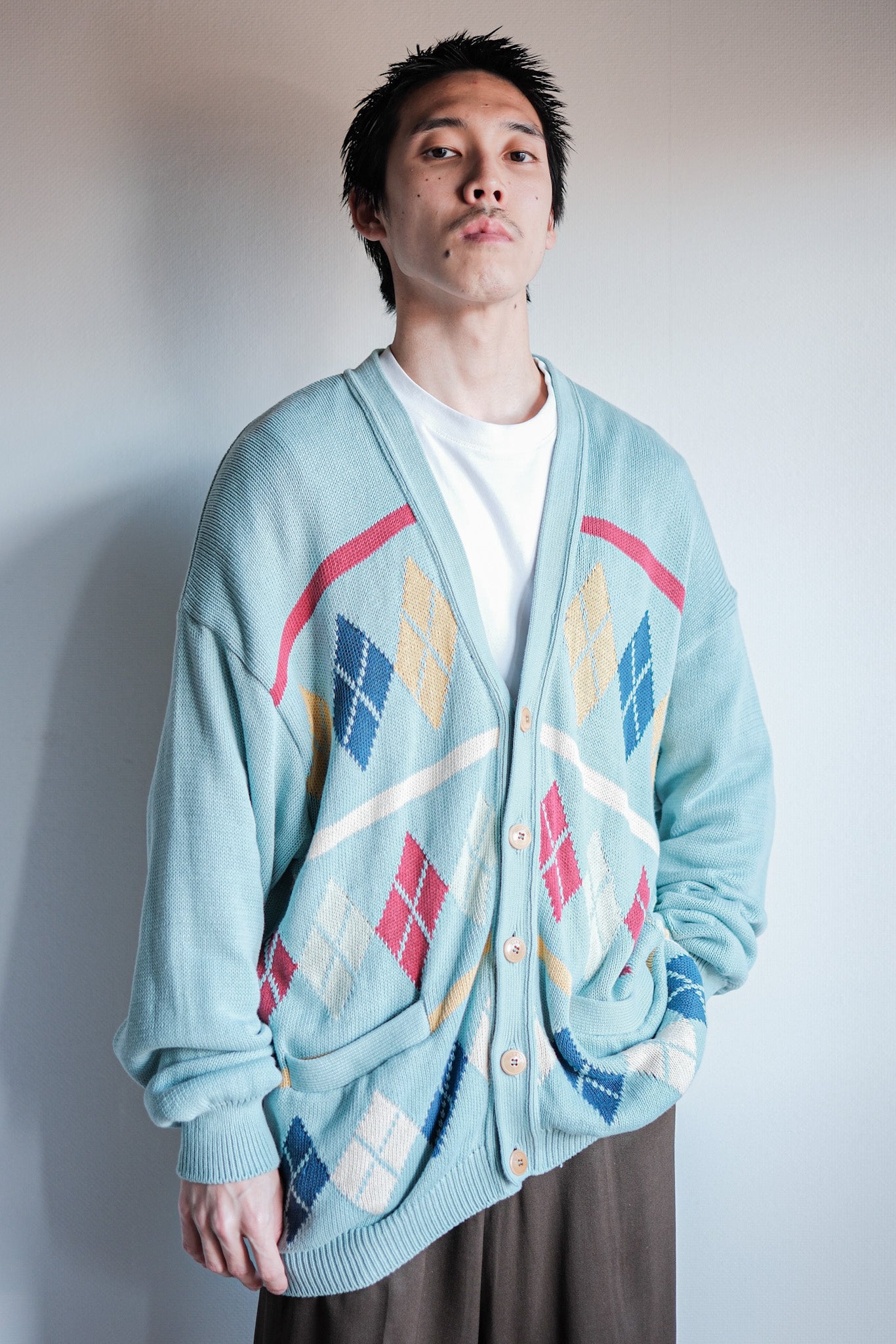 【~90's】Italian Vintage Cotton Argyle Cardigan