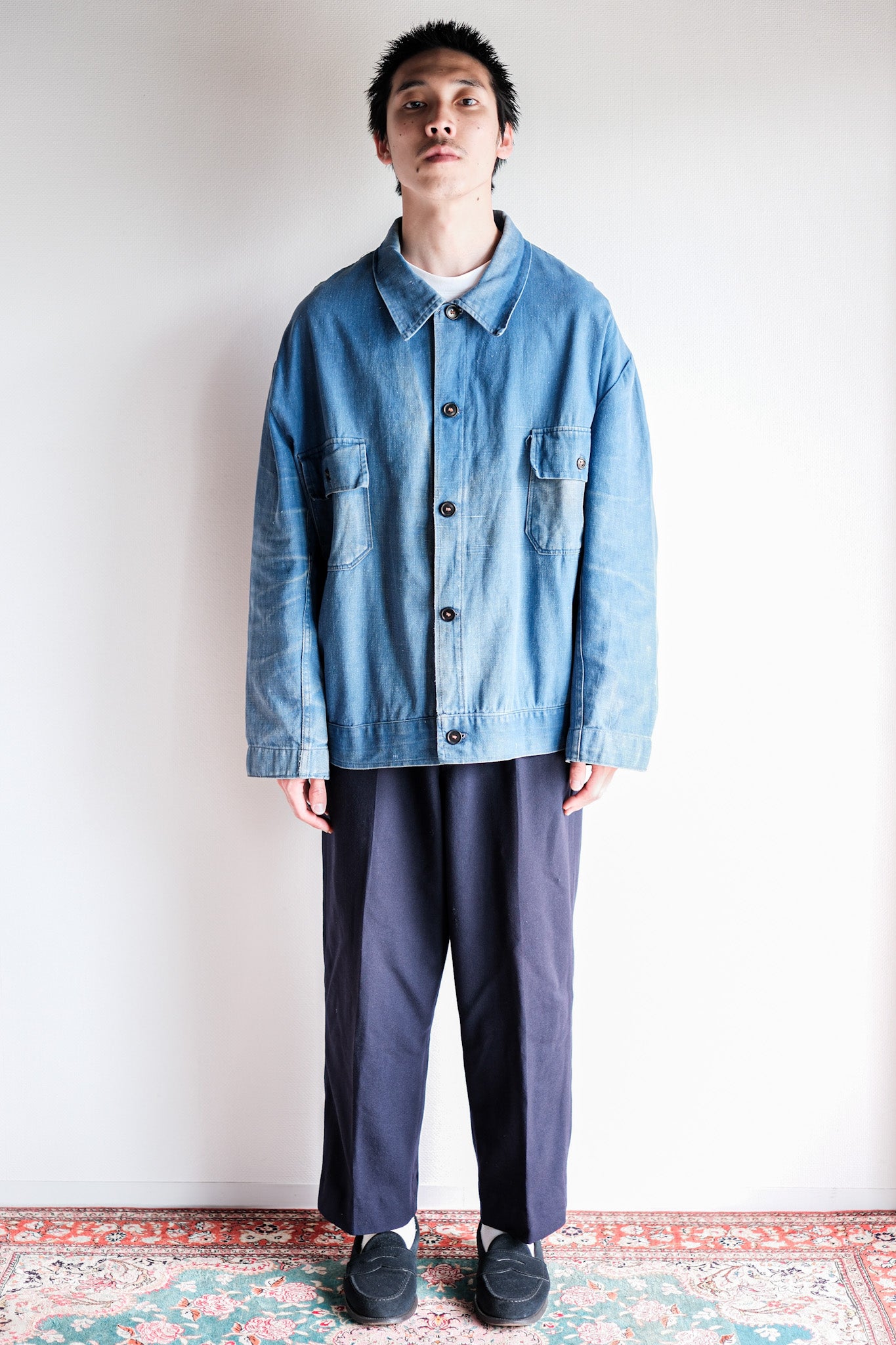 【~40's】French Vintage Indigo Cotton Linen Twill Work Jacket