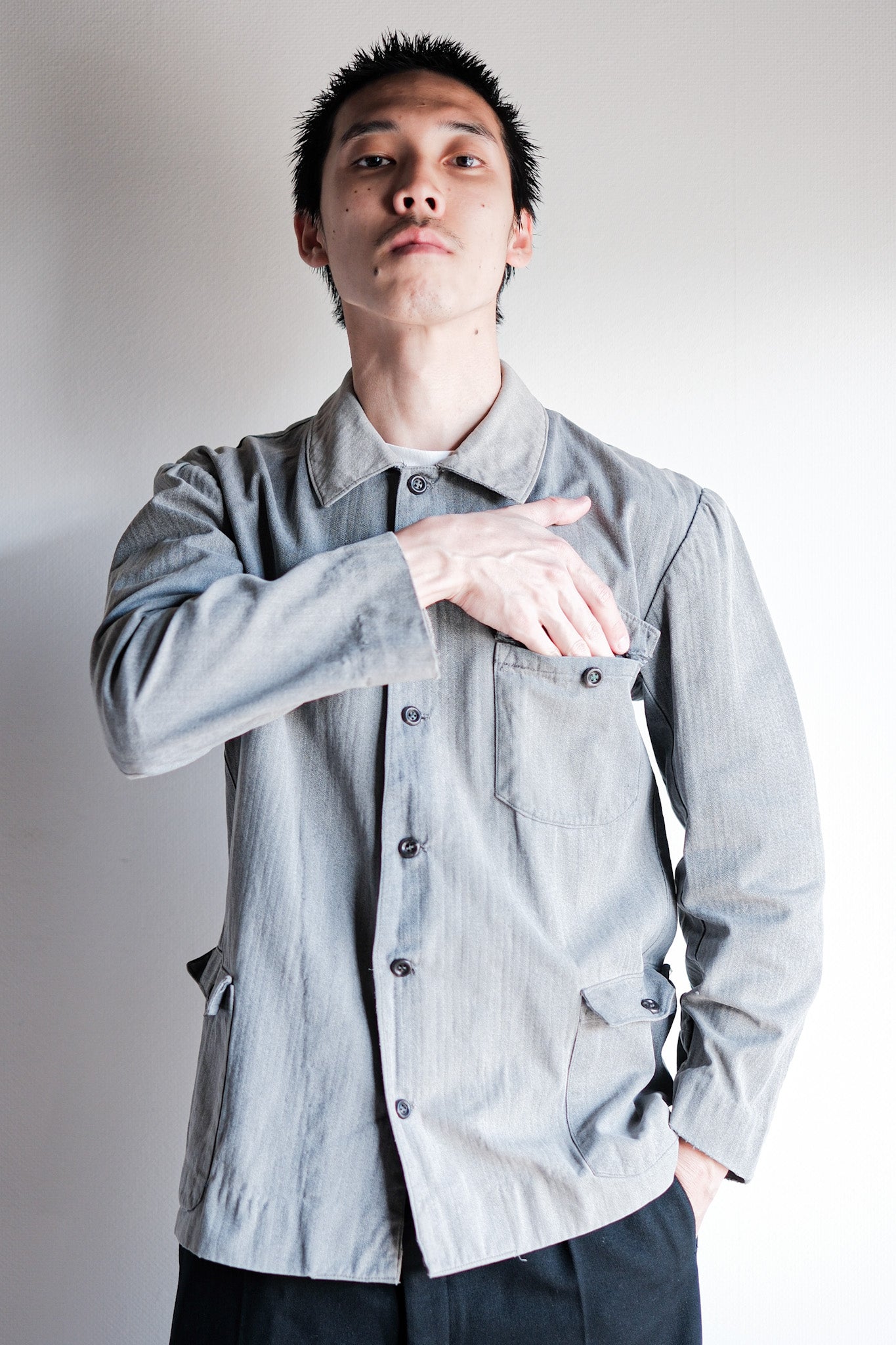 【~50's】Europe Vintage Salt & Pepper HBT Cotton Work Jacket "6 Buttons"