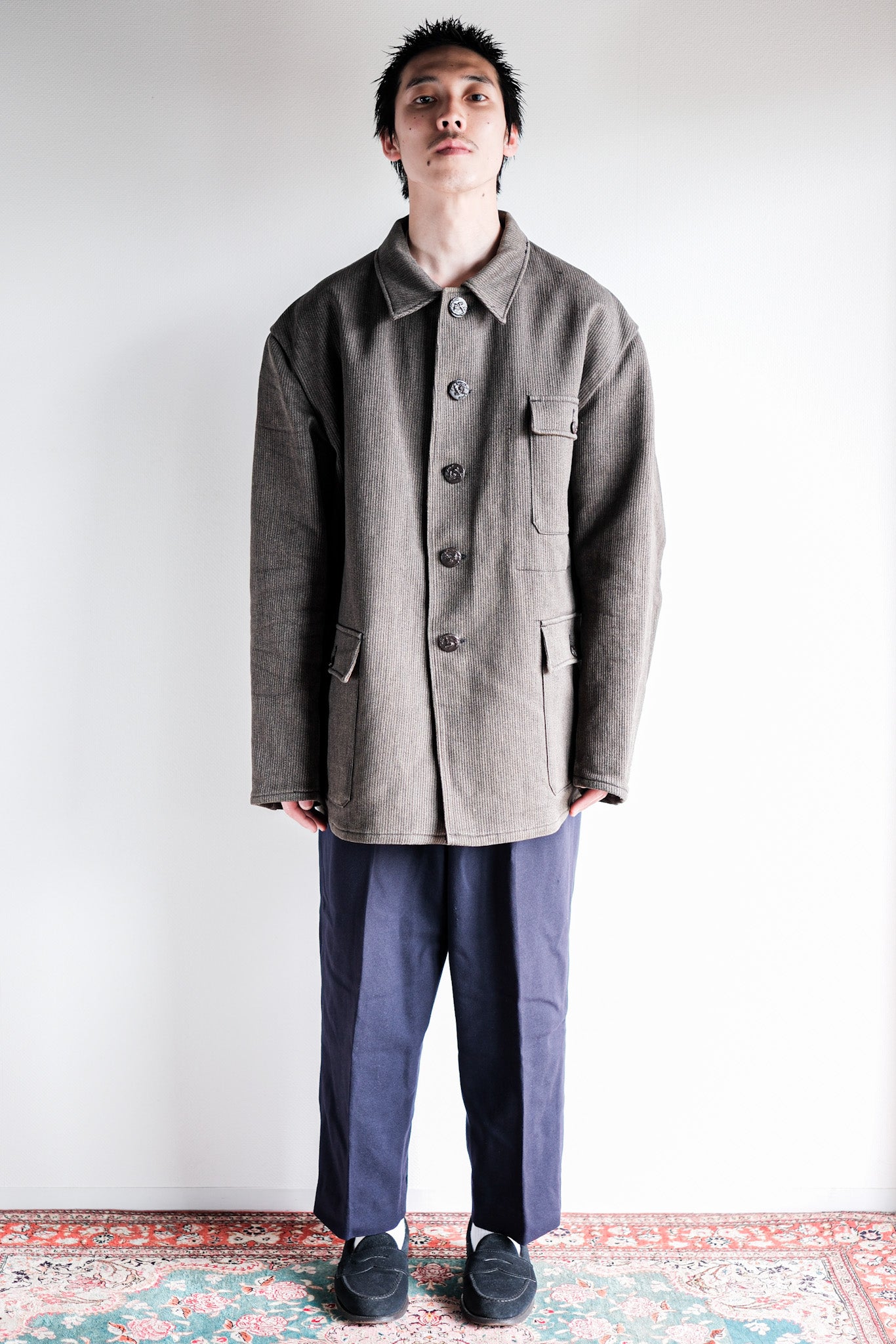 【~60's】French Vintage Brown Salt & Pepper Cotton Pique Hunting Jacket Size.56 "Le Mont St. Michel"