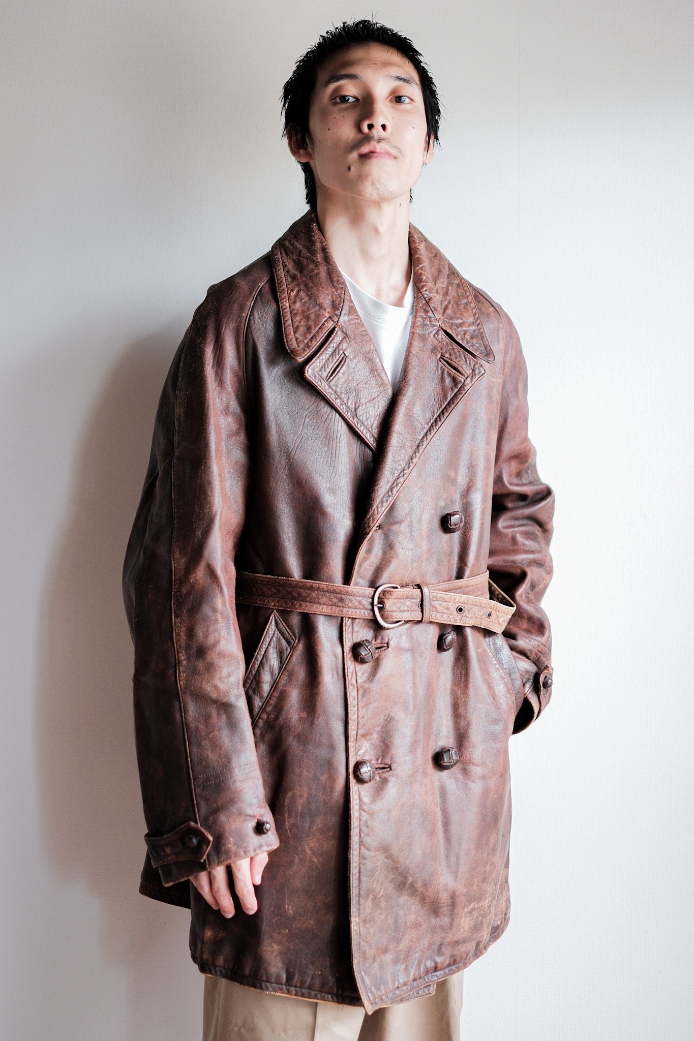 【~40's】French Vintage Double Breasted Brown Leather Coat With Chin Strap