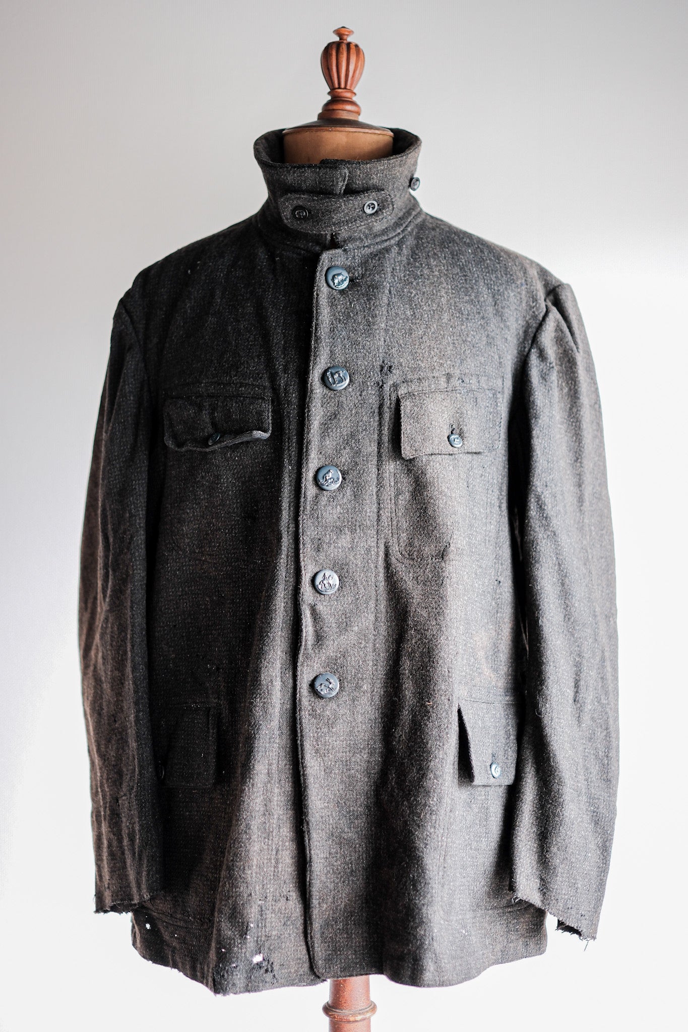 【~30's】French Vintage Gray Wool Hunting Jacket With Chin Strap "Boro"