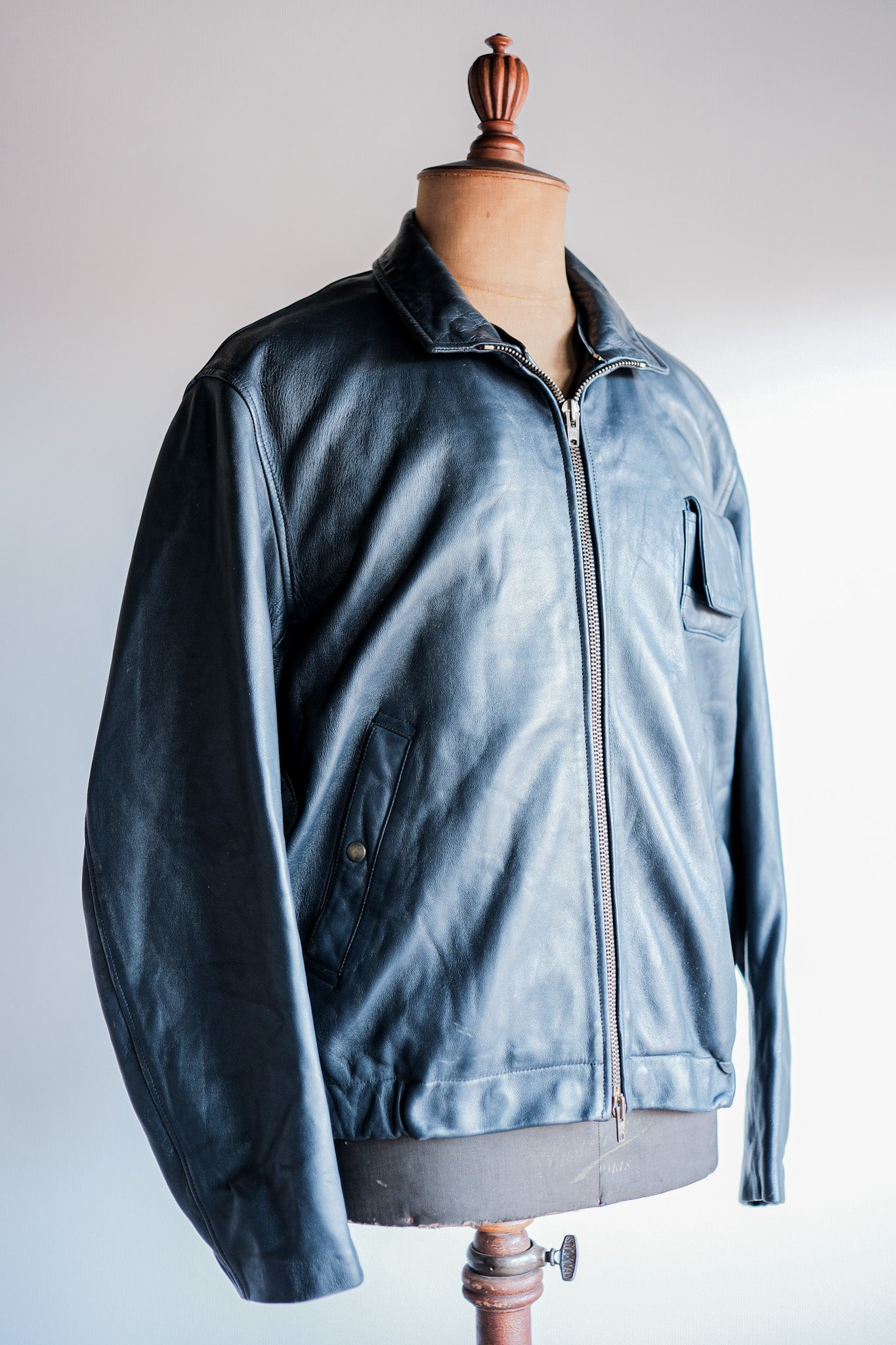 【~70's】French Air Force Pilot Leather Jacket With Chin Strap Size.100L