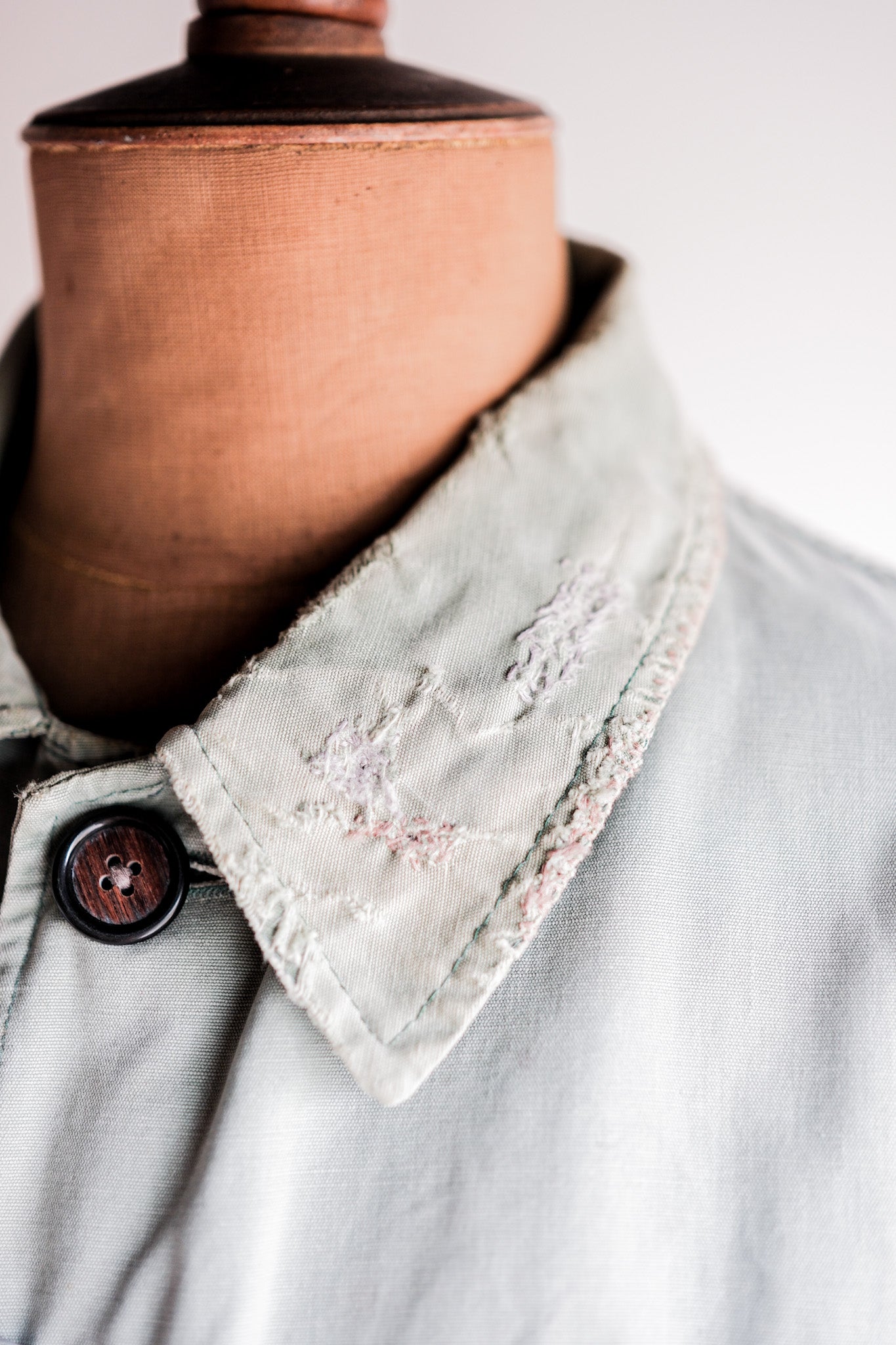 【~50's】French Vintage Green Cotton Canvas Hunting Jacket With Chin Strap "Patchwork"