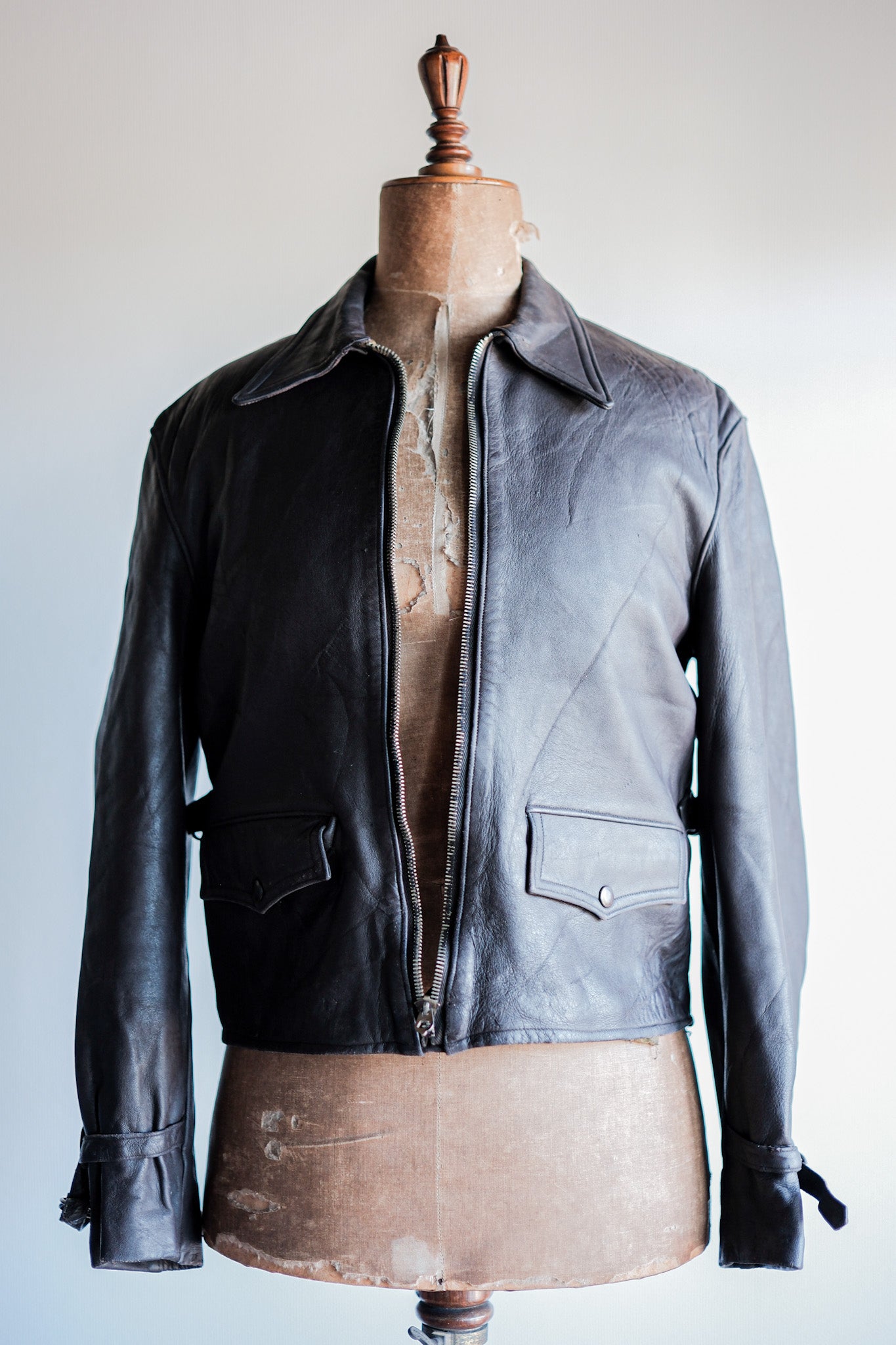 【~40’s】French Vintage Brown Leather Cyclist Jacket "Modified"