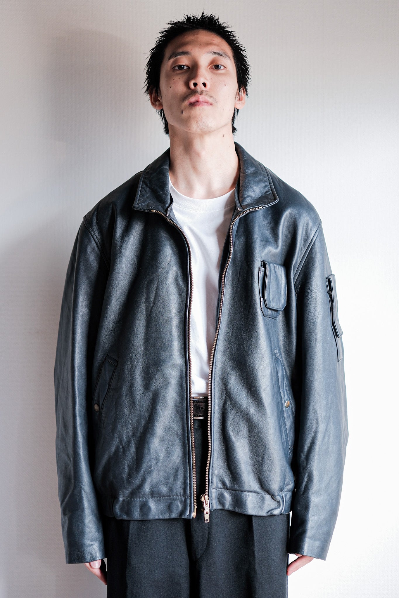 【~70's】French Air Force Pilot Leather Jacket With Chin Strap Size.100L