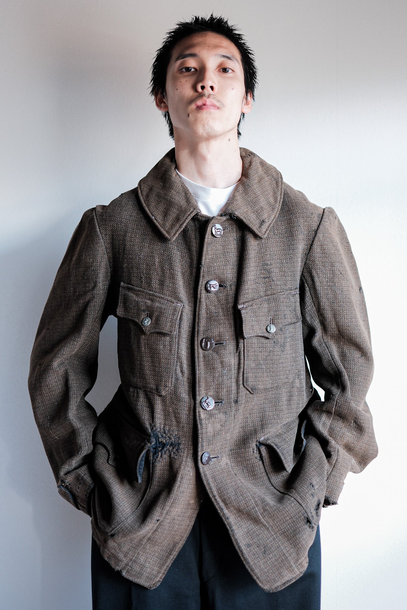 【~30's】French Vintage Brown Wool Hunting Jacket "Boro"