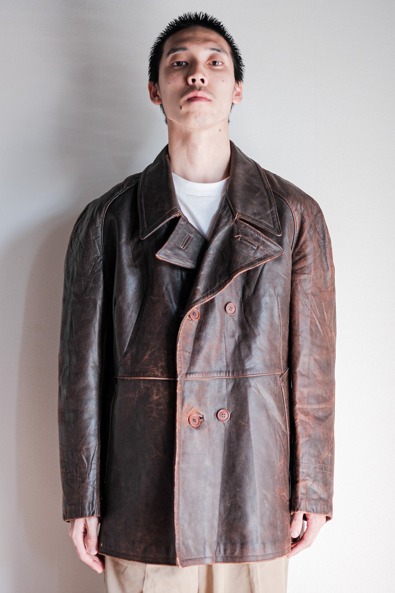 【~50's】French Army Motorcycle Leather Jacket Size.B2