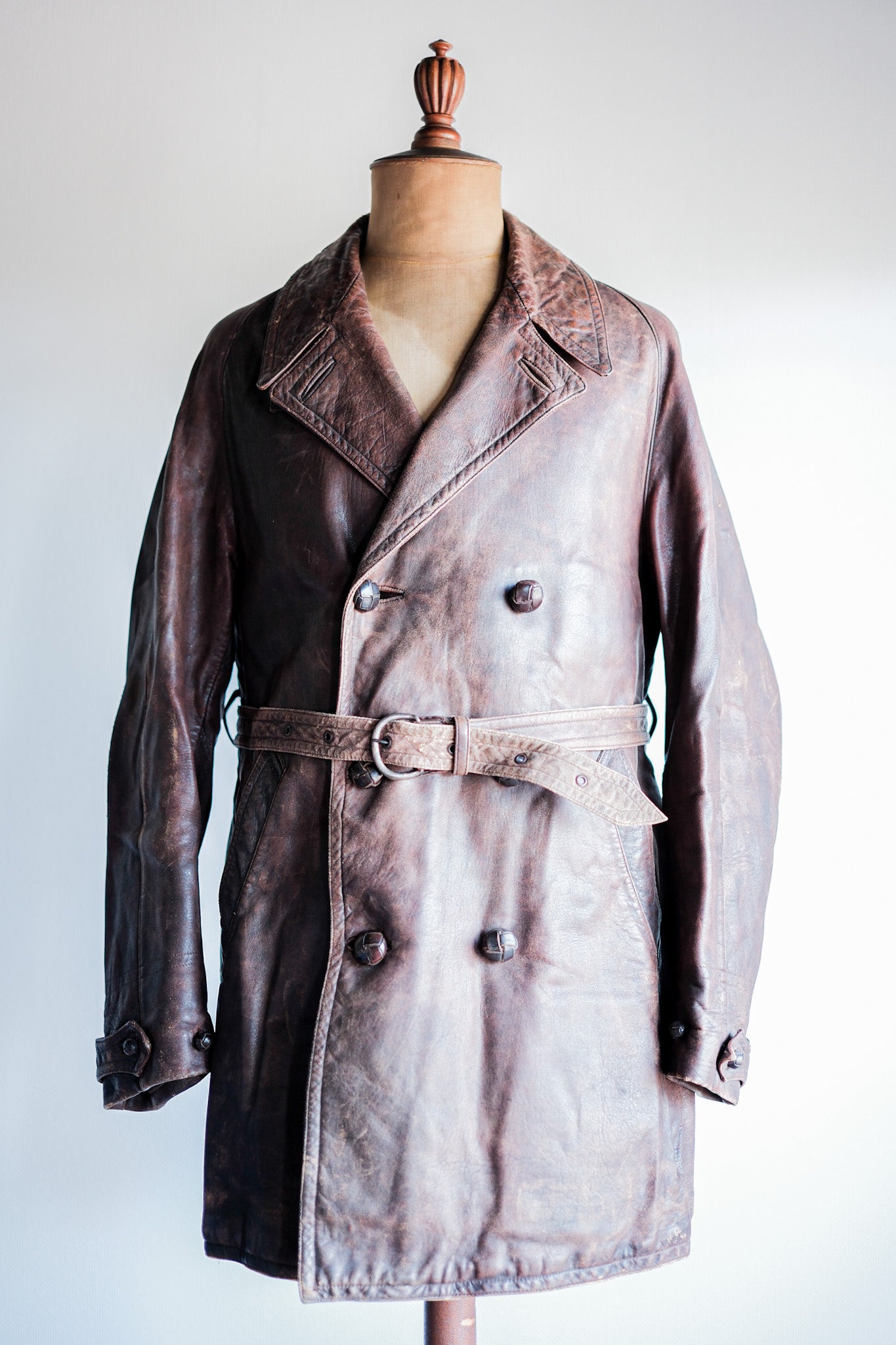 【~40's】French Vintage Double Breasted Brown Leather Coat With Chin Strap