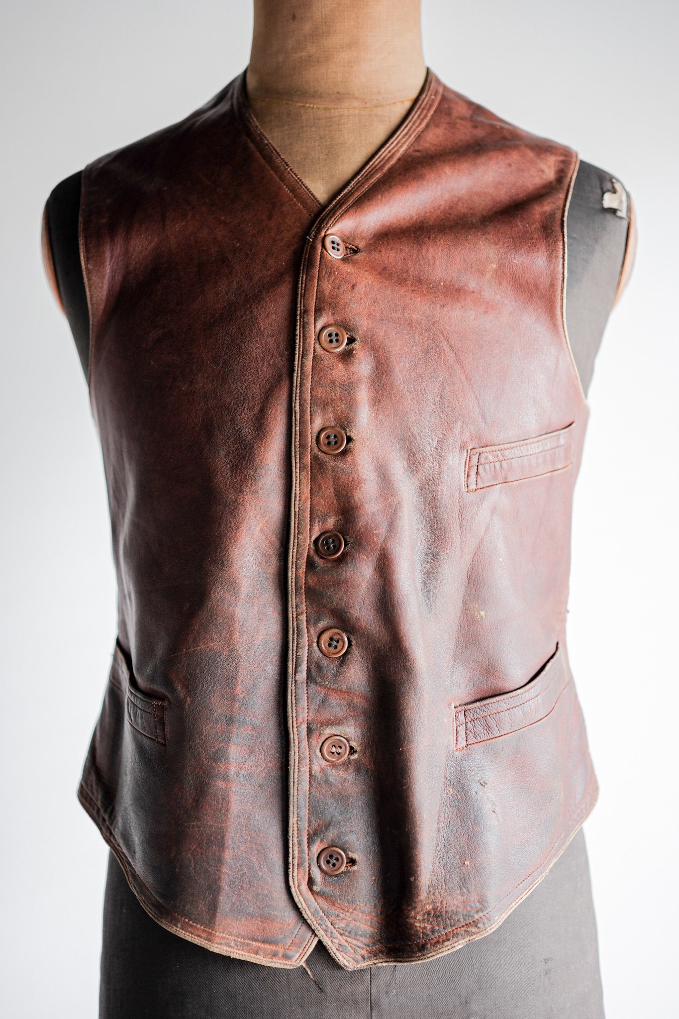 【~50's】French Vintage Brown Leather Work Gilet