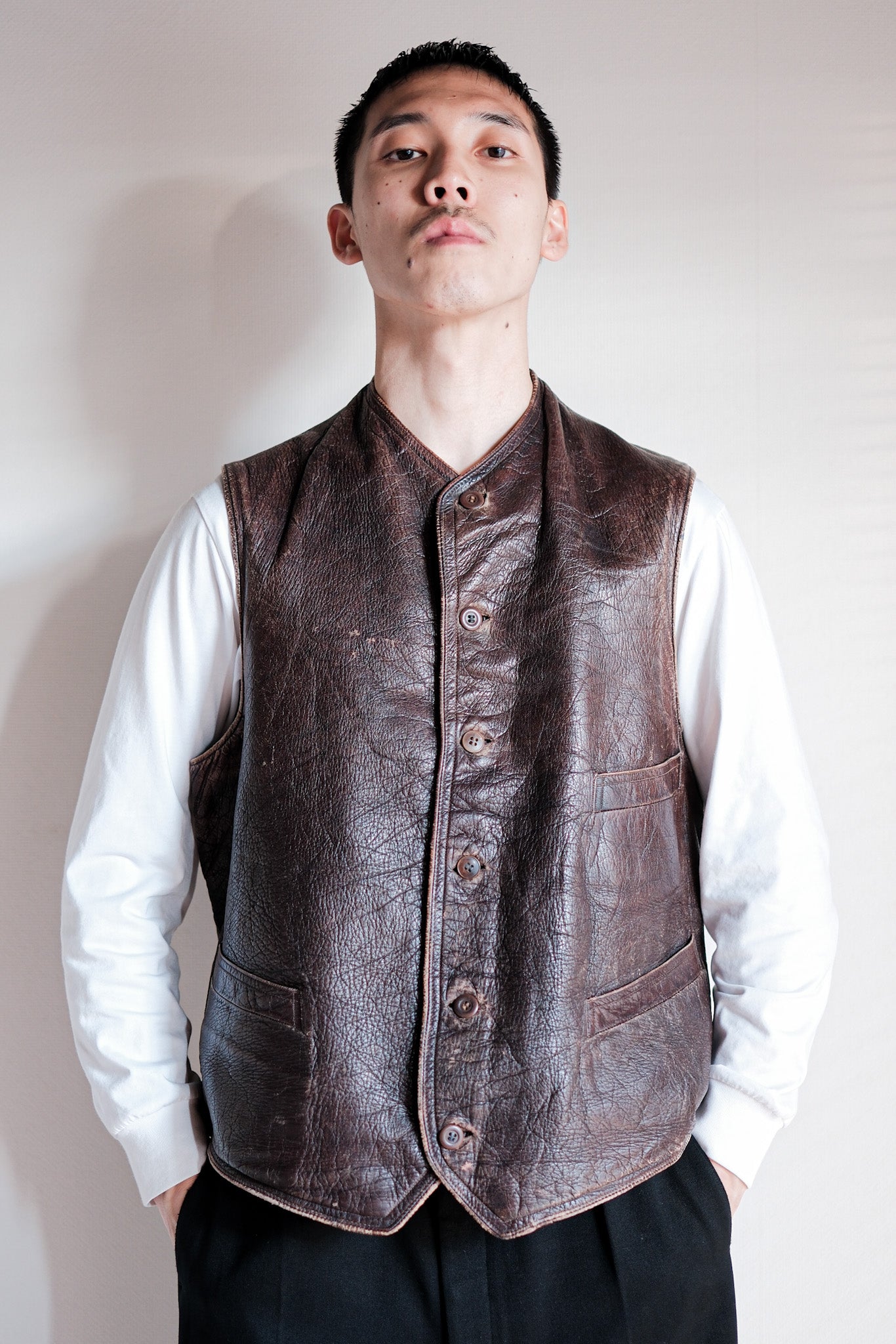 【~40's】French Vintage Brown Leather Work Gilet