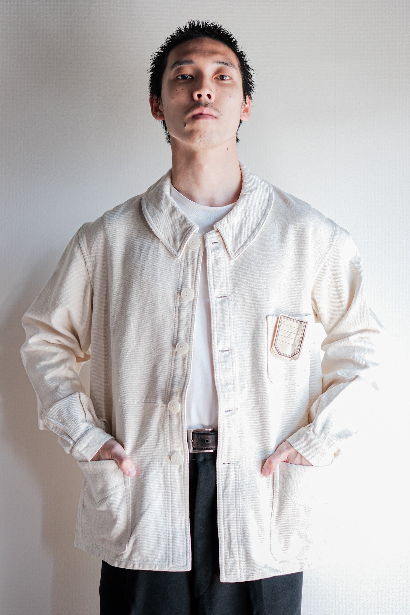 【~40's】French Vintage White Cotton Twill Work Jacket Size.48 "Dead Stock"
