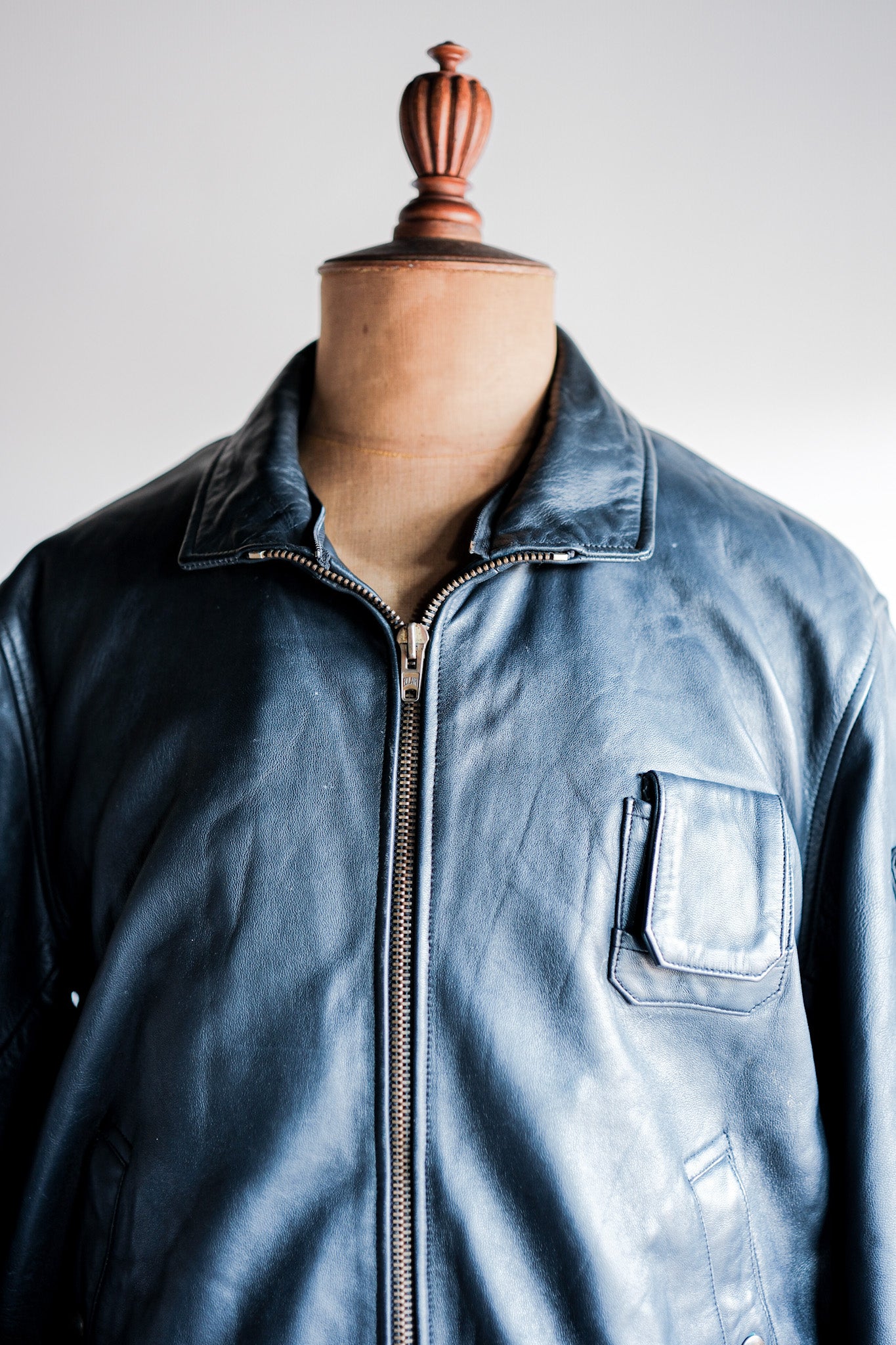 【~70's】French Air Force Pilot Leather Jacket With Chin Strap Size.100L
