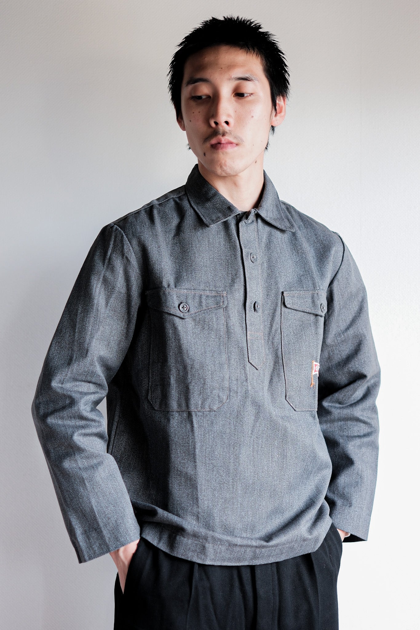 【~50's】Europe Vintage Salt & Pepper Cotton Smock "Dead Stock"